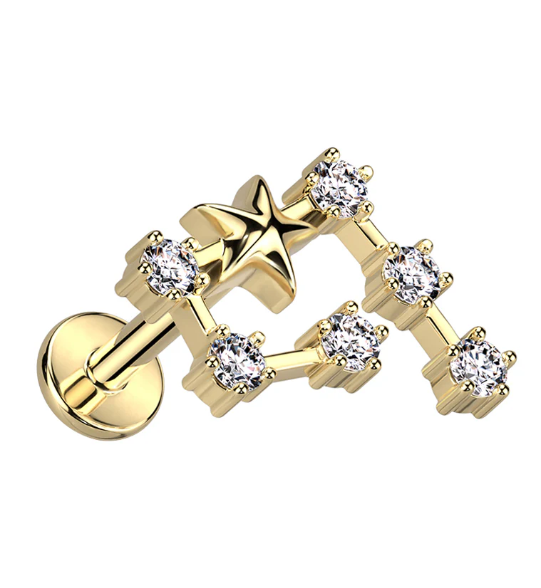 Gold PVD Aquarius Constellation Clear CZ Stainless Steel Internally Threaded Labret - Mrs Treak