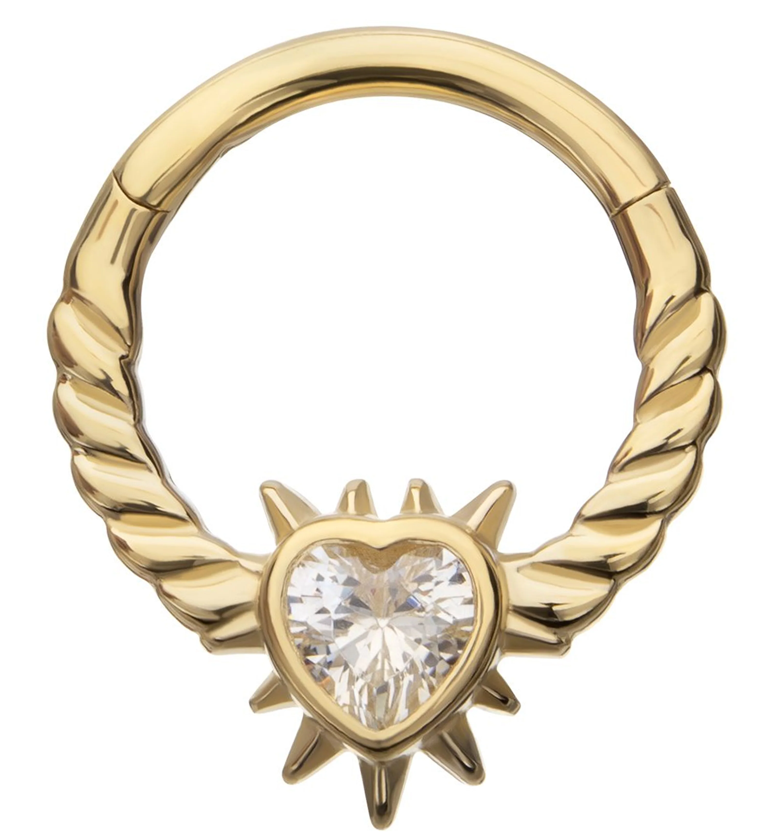 14kt Gold Twisted Spike Heart Clear CZ Row Hinged Segment Ring - Mrs Treak