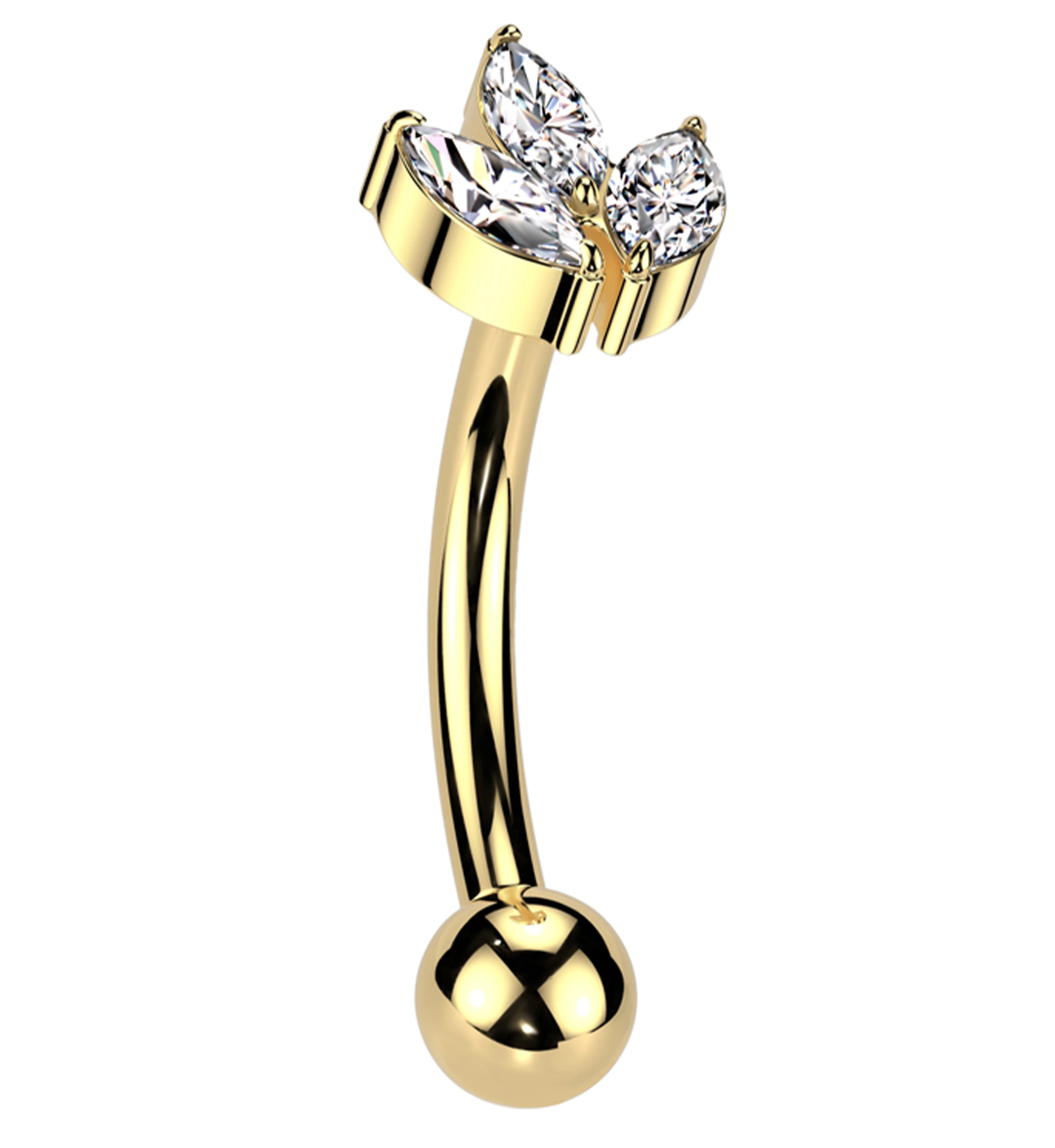 Gold PVD Tri Sepal Clear CZ Titanium Threadless Curved Barbell - Mrs Treak