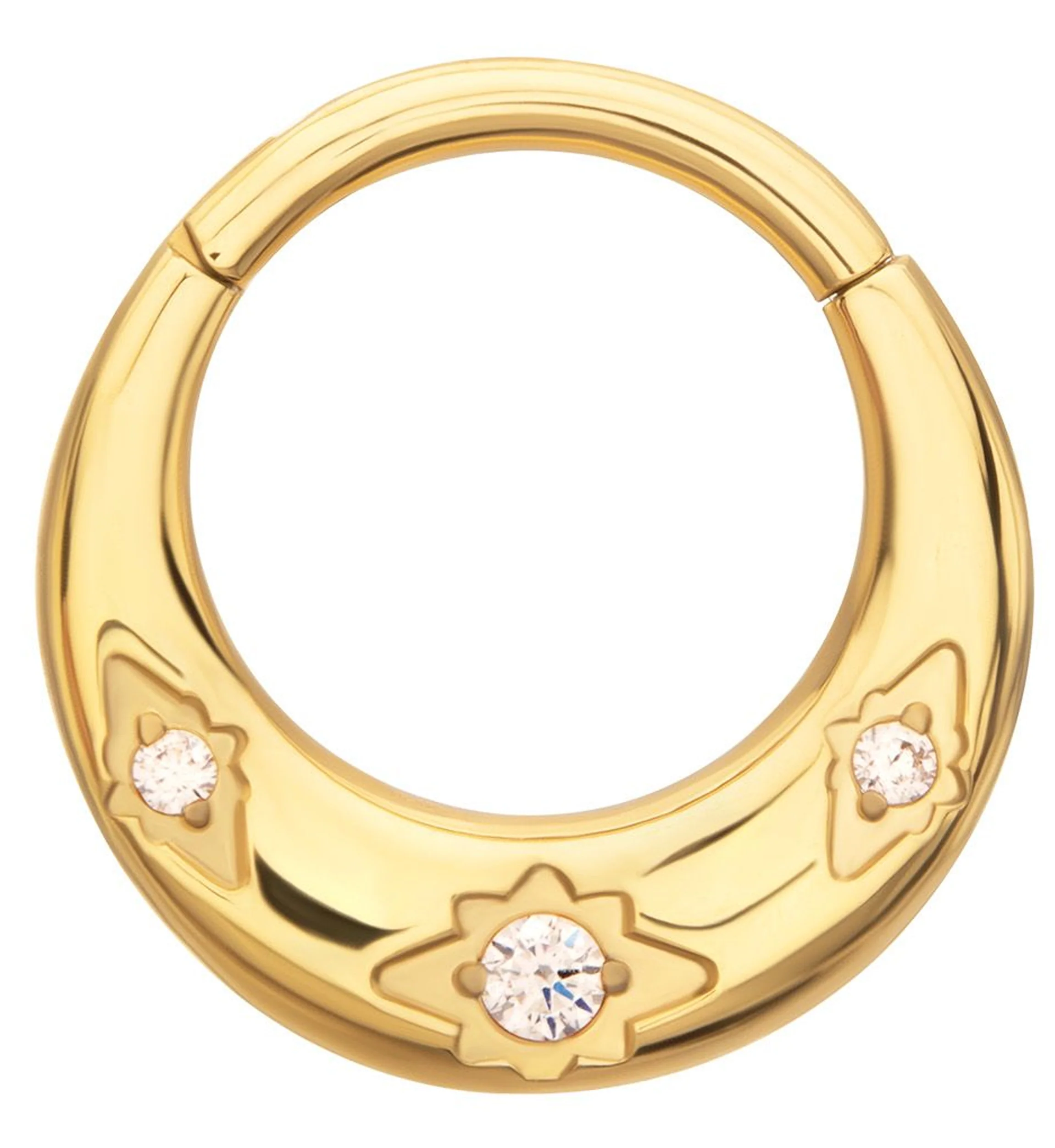 24kt Gold PVD Triple Etched Star Clear CZ Titanium Hinged Segment Ring - Mrs Treak