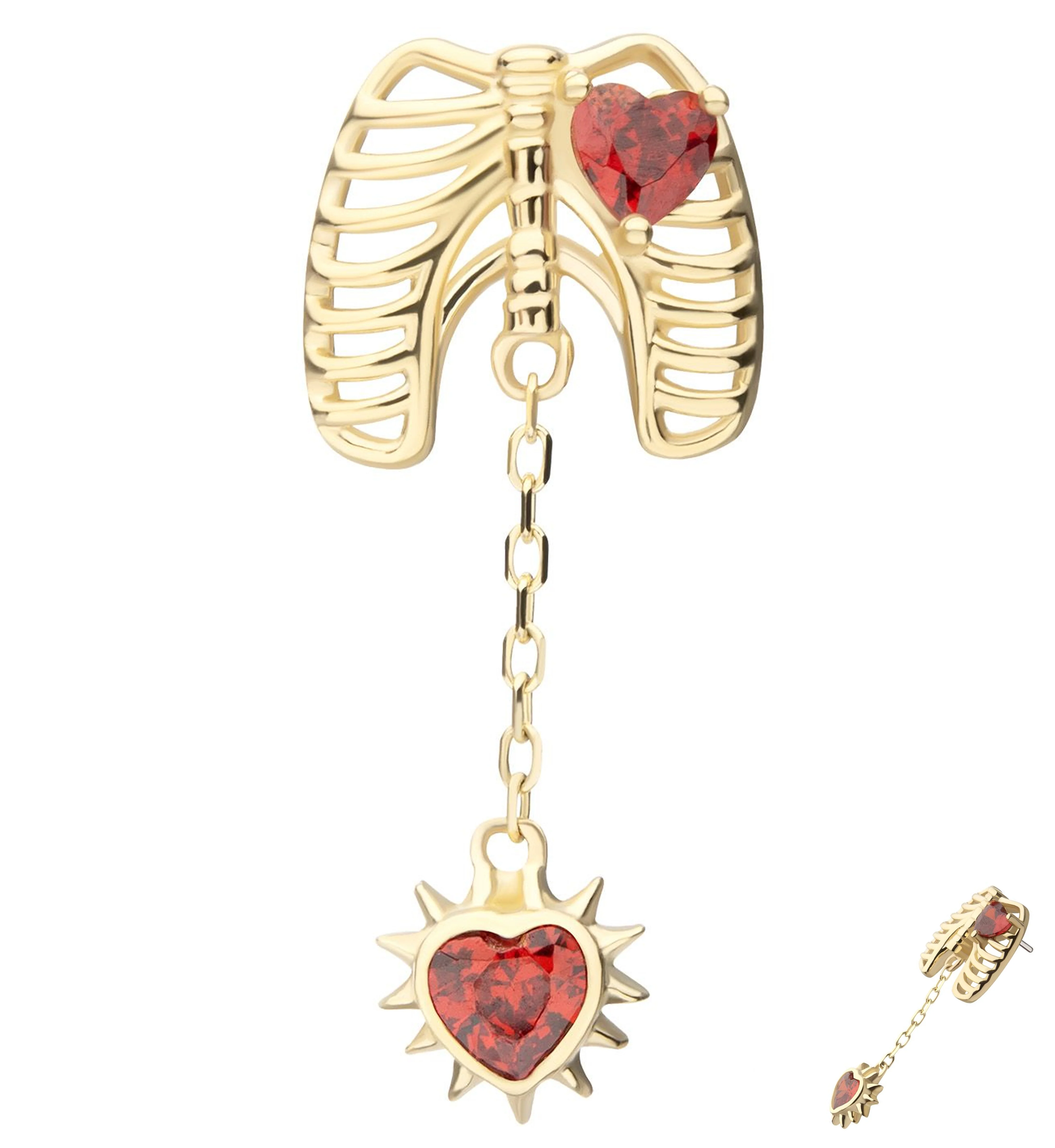 14kt Gold Ribcage Dangle Spike Red CZ Heart Threadless Top - Mrs Treak