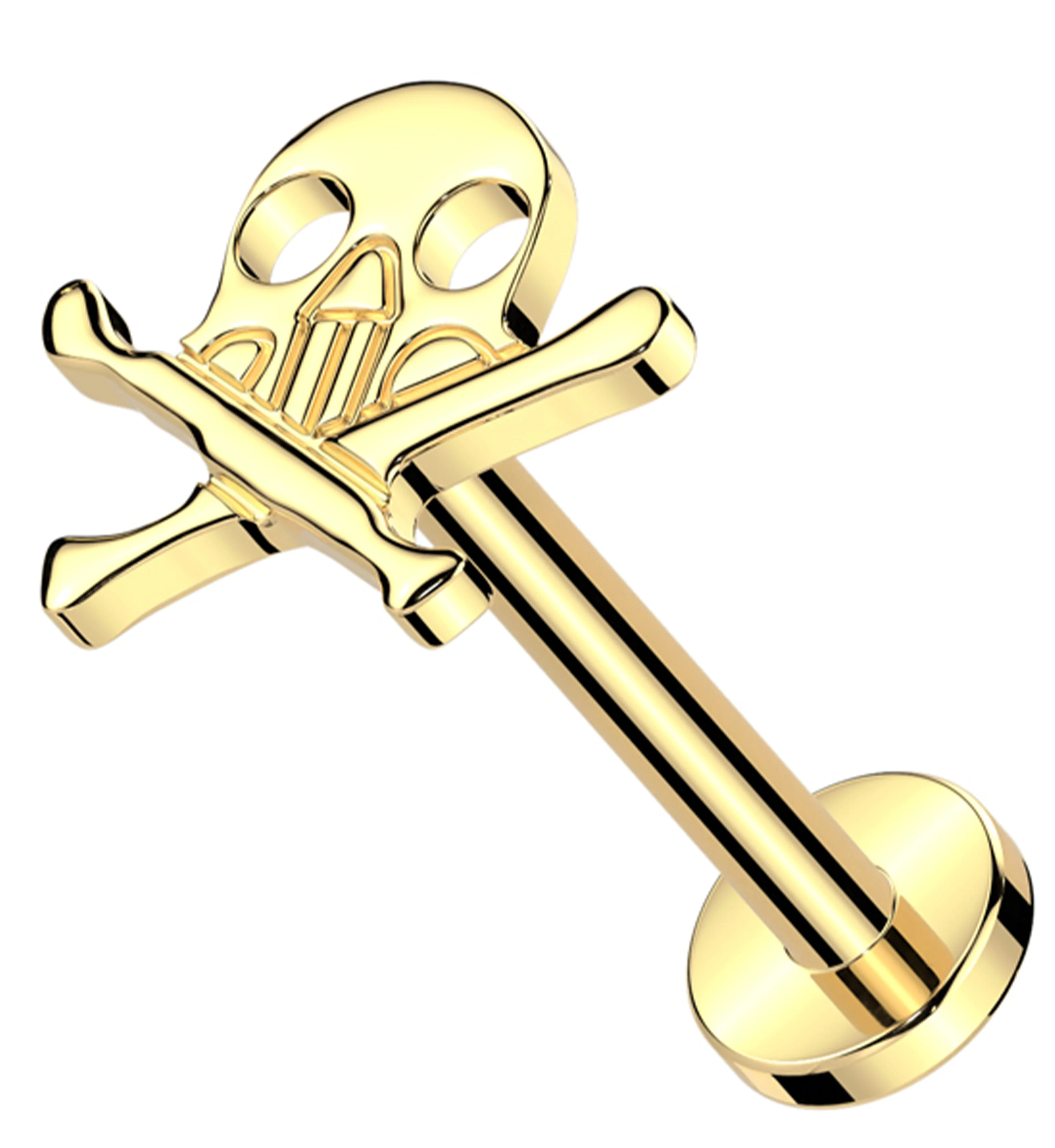 Gold PVD Skull And Crossbones Titanium Threadless Labret - Mrs Treak