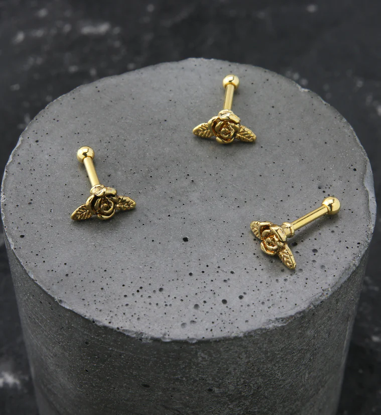 Gold PVD Rose Blossom Cartilage Barbell - Mrs Treak