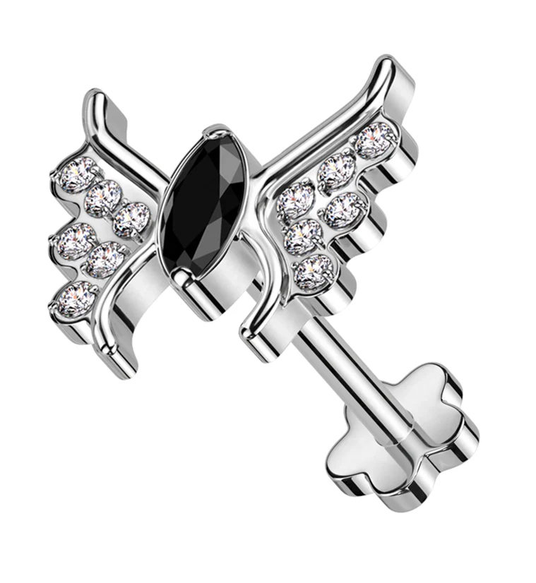 Wings Black CZ Threadless Titanium Flower Back Labret - Mrs Treak