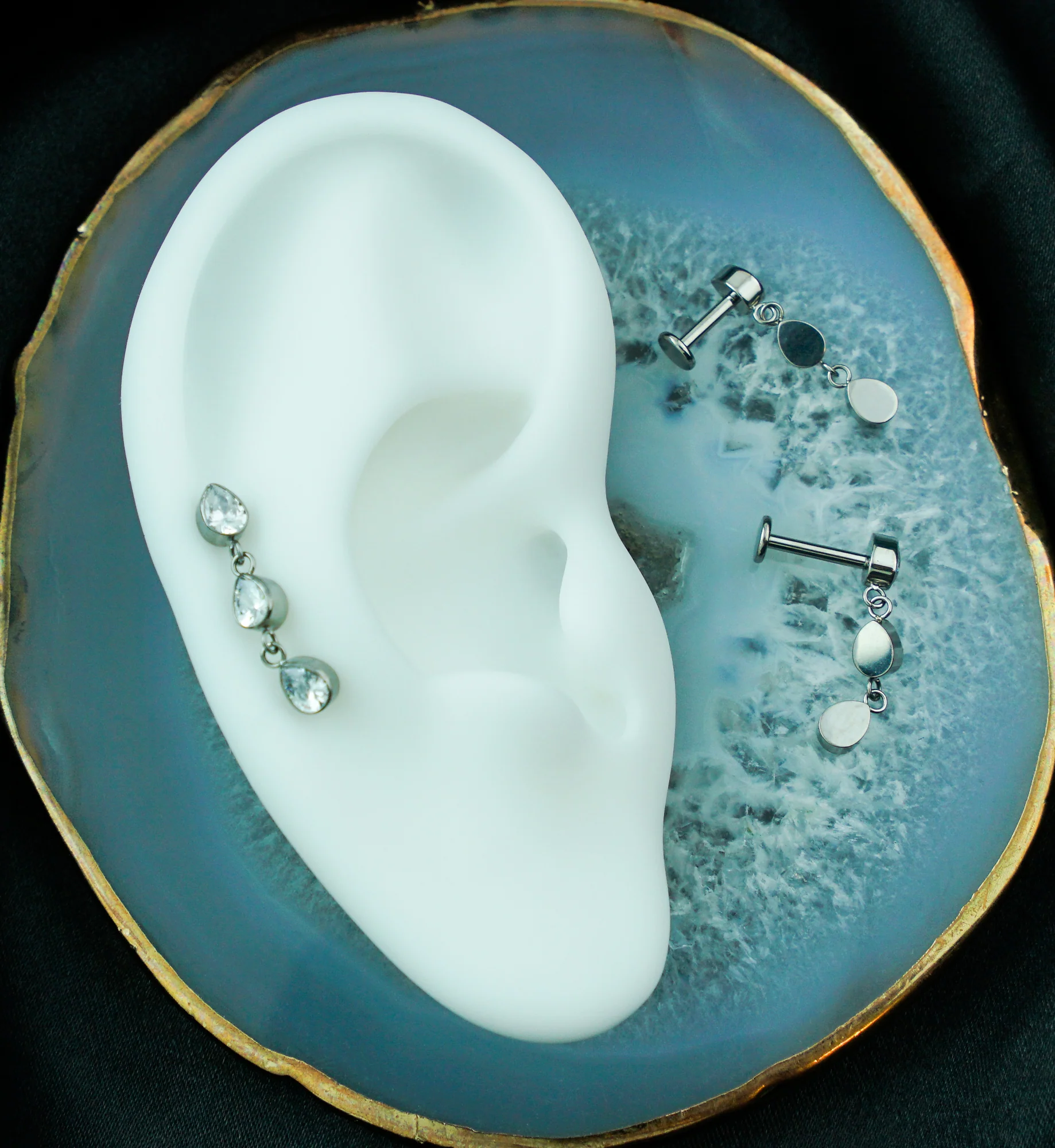 Triple Bezel Teardrop Dangle Clear CZ Titanium Internally Threaded Labret - Mrs Treak