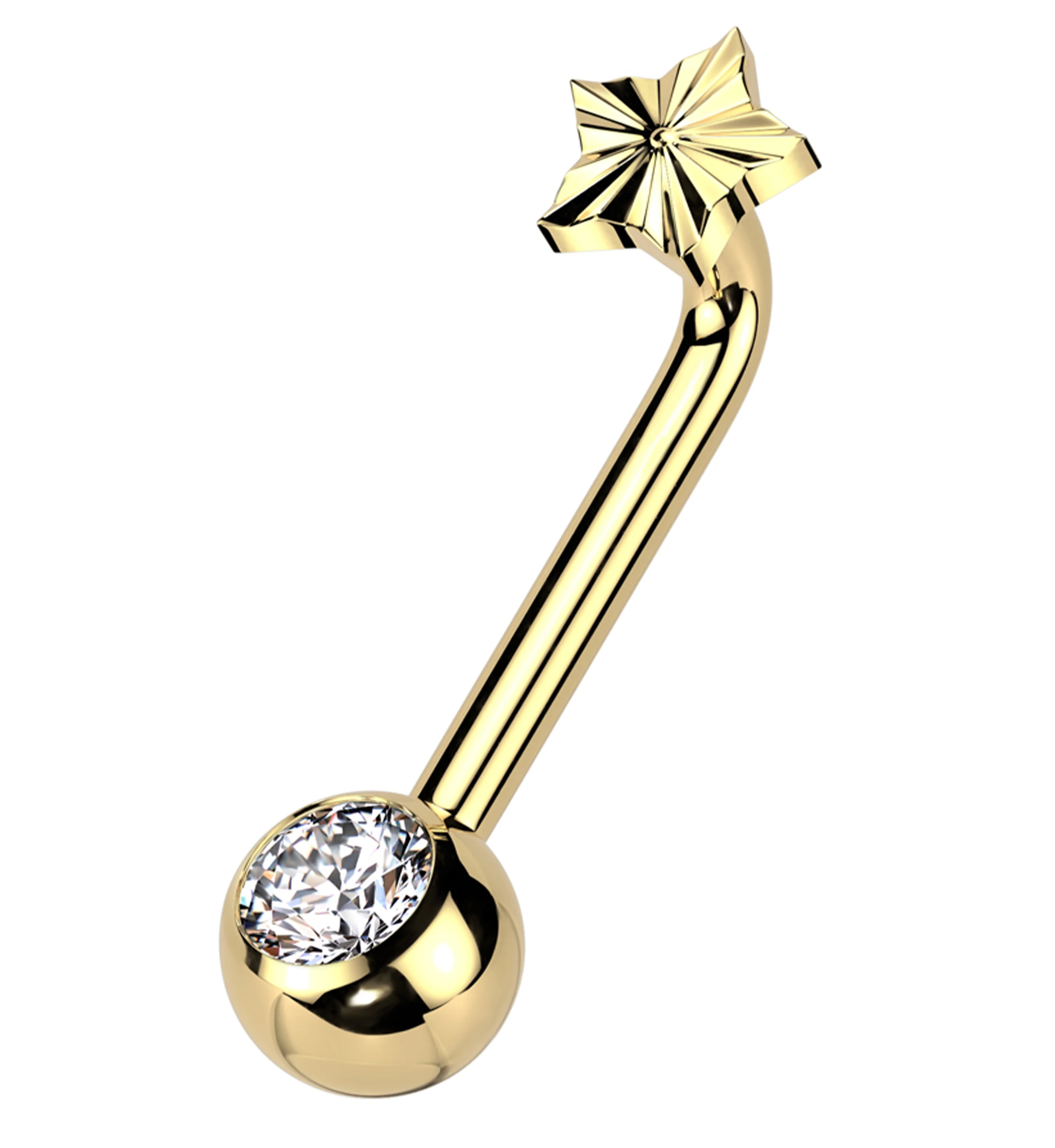 Gold PVD Score Star Clear CZ Vertical Clitoral Hood Internally Threaded Titanium Barbell - Mrs Treak