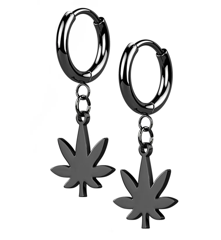 Black PVD Cannabis Stainless Steel Hinged Earrings - Mrs Treak