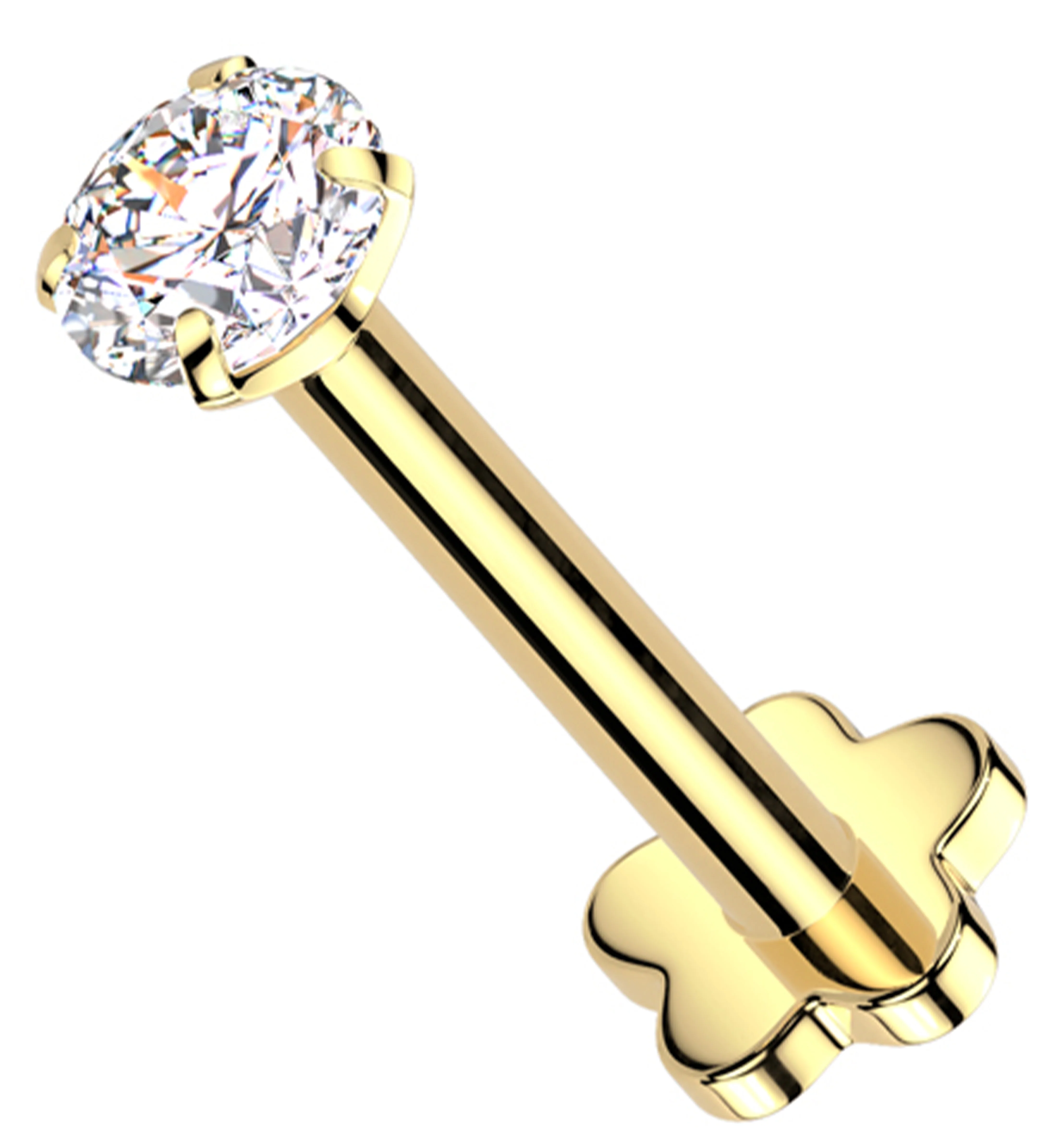 Gold PVD Prong Clear CZ Internally Threaded Titanium Flower Back Labret - Mrs Treak