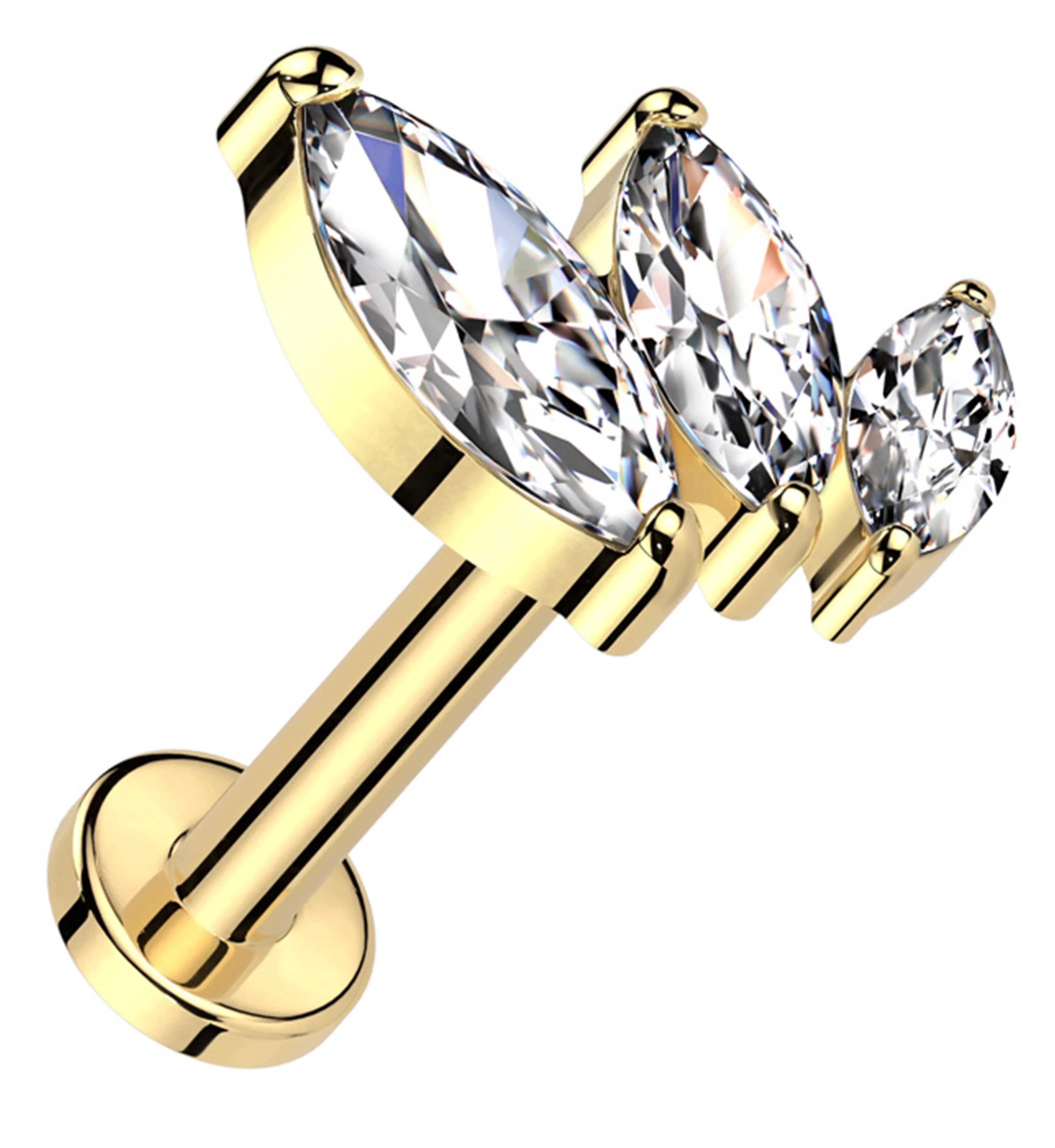 Gold PVD Triple Marquise Clear CZ Titanium Threadless Labret - Mrs Treak