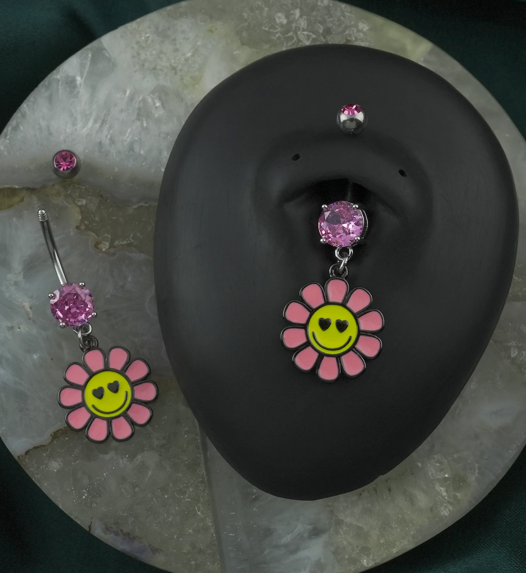 Happy Face Flower Pink CZ Stainless Steel Belly Button Ring - Mrs Treak