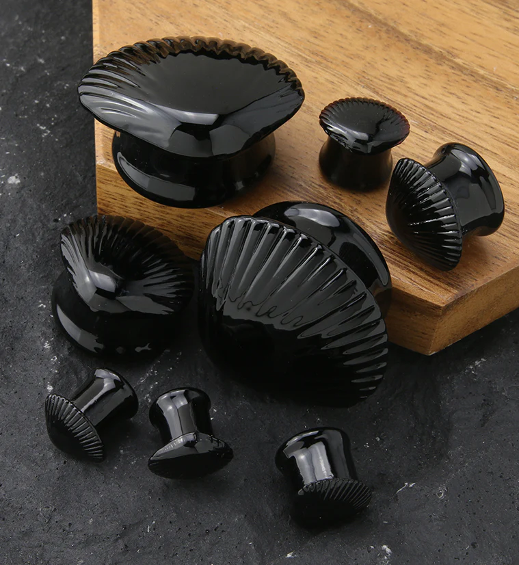 Black Seashell Glass Double Flare Plugs - Mrs Treak