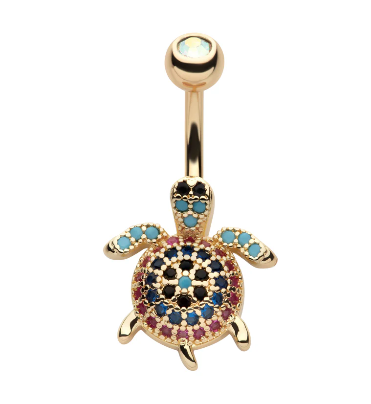 Gold PVD Turtle Rainbow CZ Stainless Steel Belly Button Ring - Mrs Treak