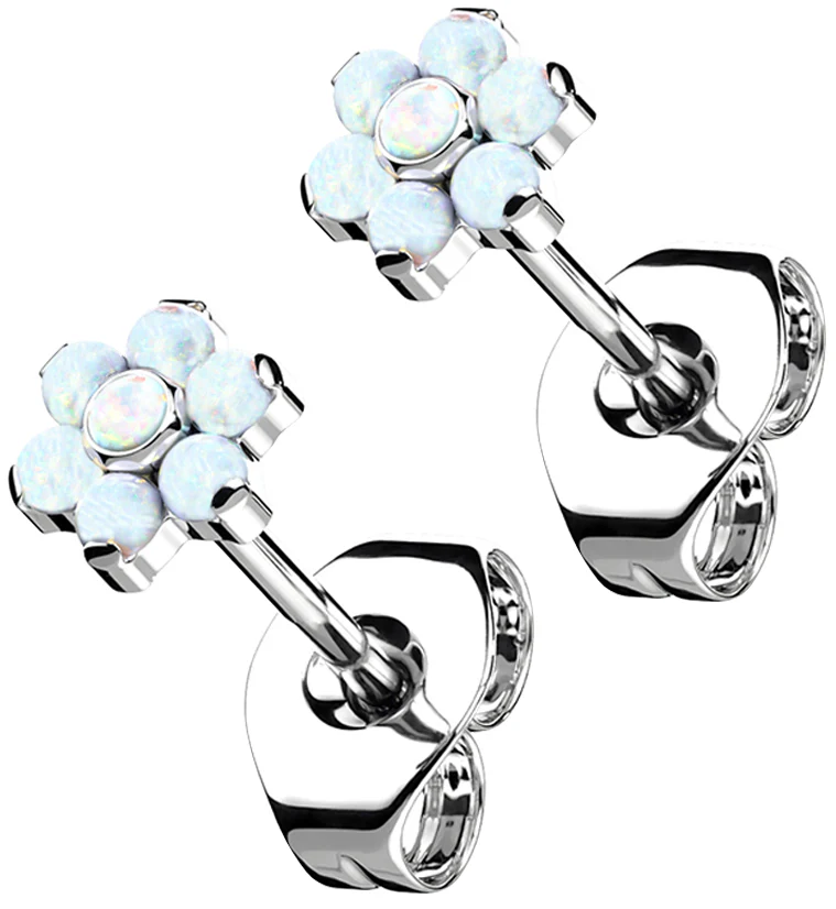 Flower White Opalite Titanium Threadless Earrings - Mrs Treak