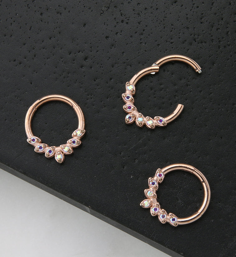 Rose Gold PVD Frill Rainbow Aurora CZ Hinged Segment Ring - Mrs Treak