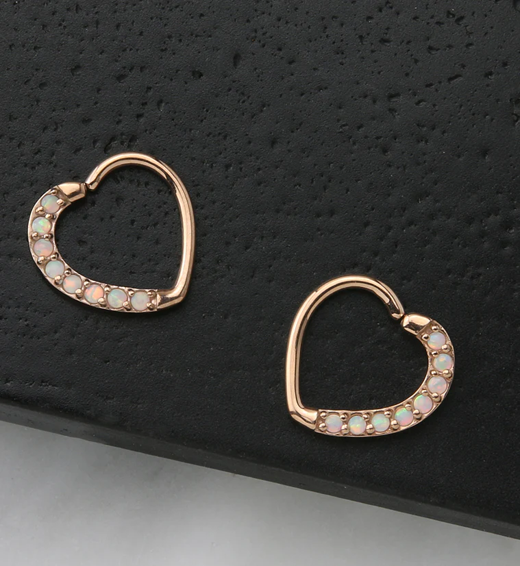 16G Rose Gold PVD White Opalite Annealed Heart Daith - Cartilage Ring - Mrs Treak