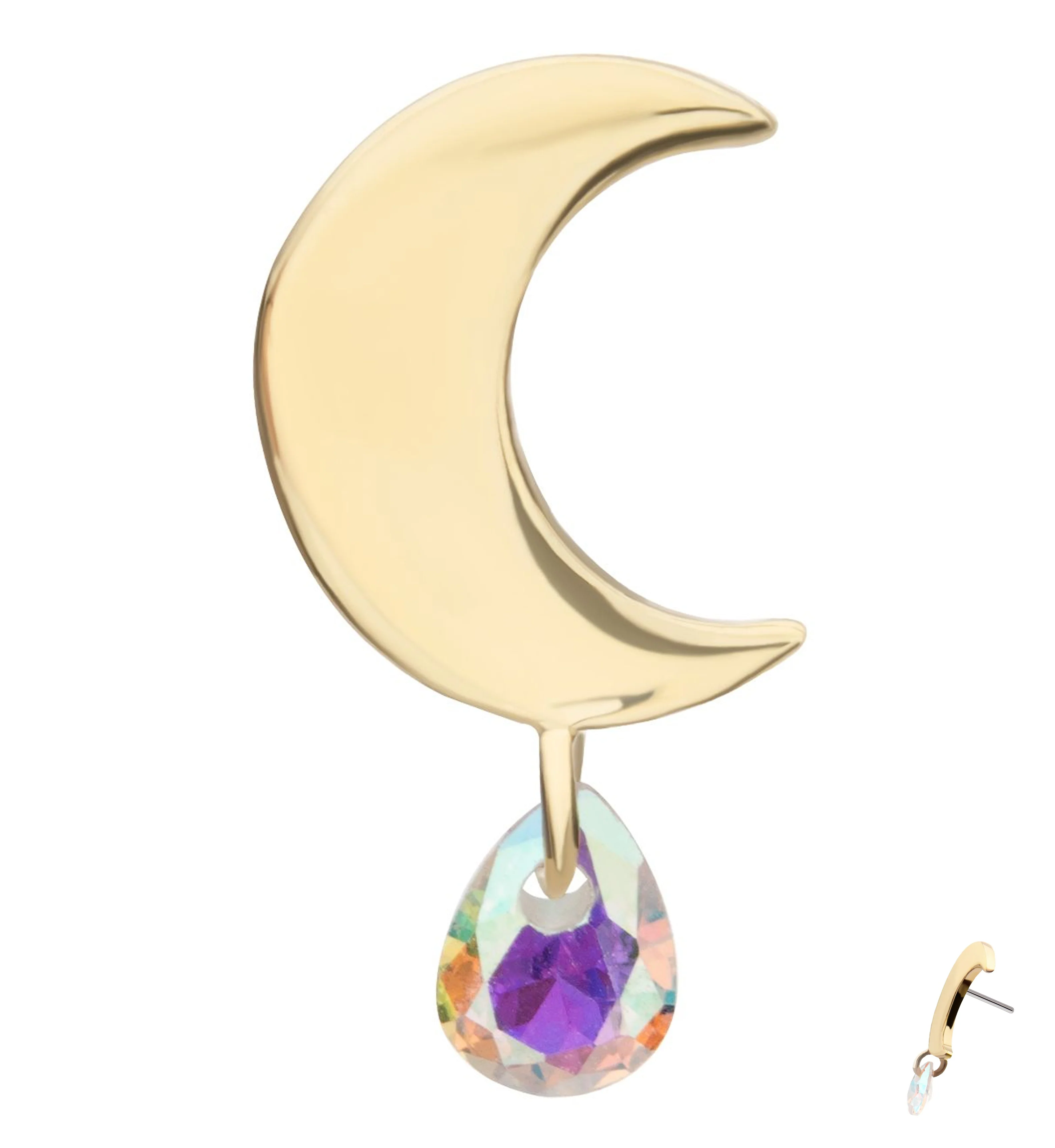14kt Gold Half Moon Rainbow Aurora Teardrop CZ Dangle Threadless Top - Mrs Treak