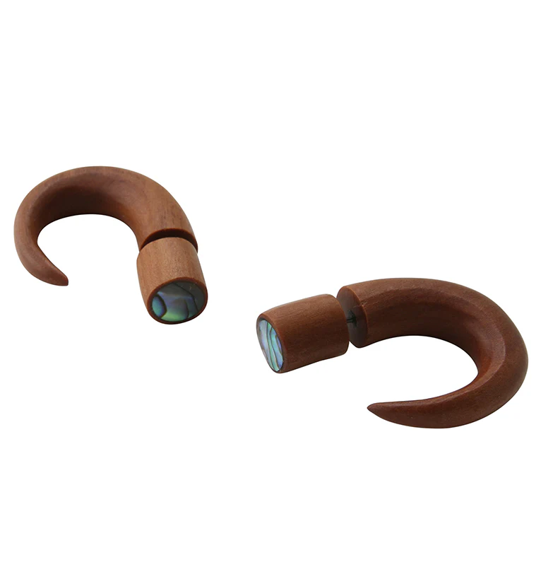 Saba Wood Fake Gauge Abalone Inlay Circular Tapers Tribal Earrings - Mrs Treak