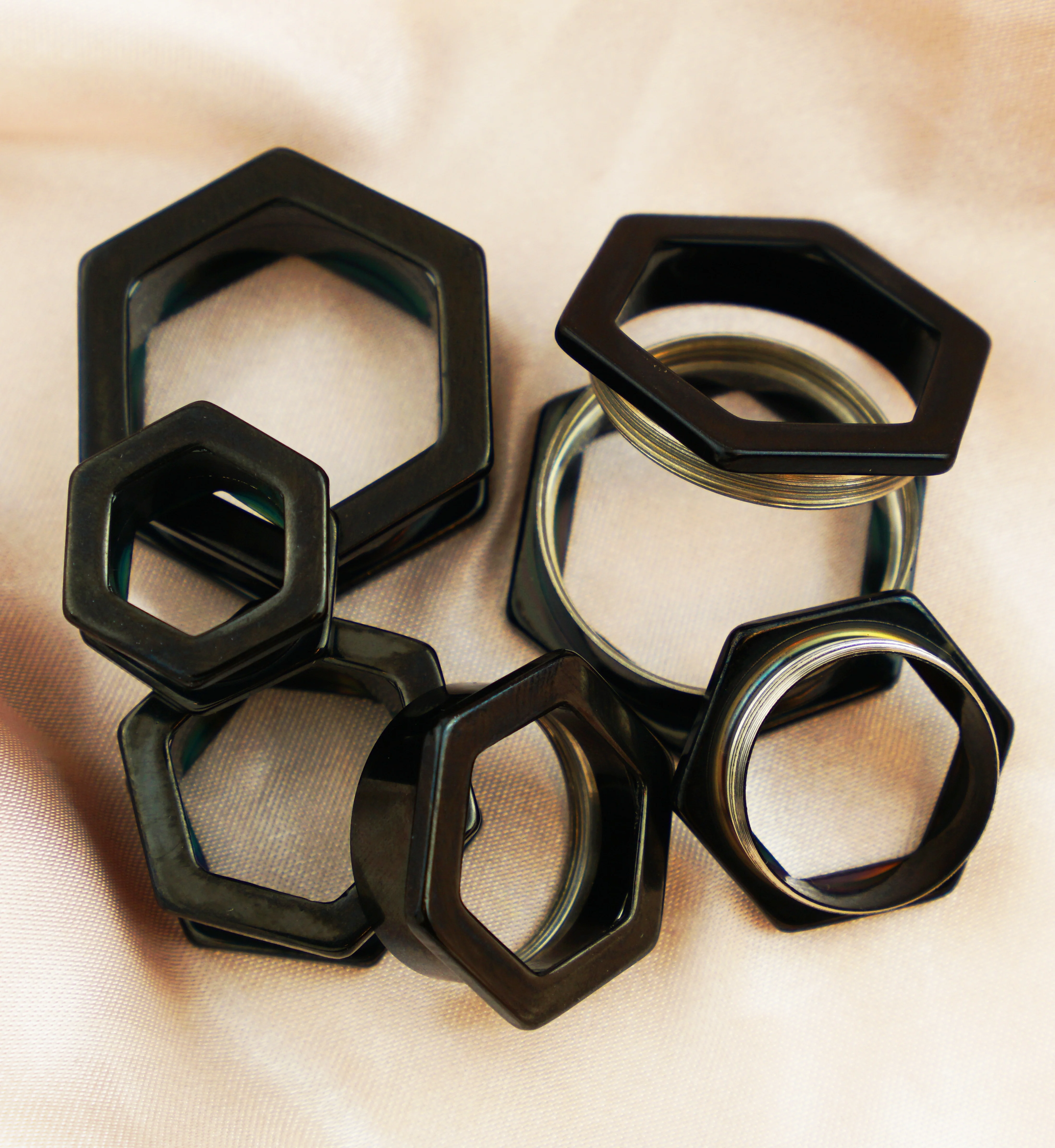 Black PVD Hexagon Stainless Steel Screw Back Tunnel Plugs - Mrs Treak
