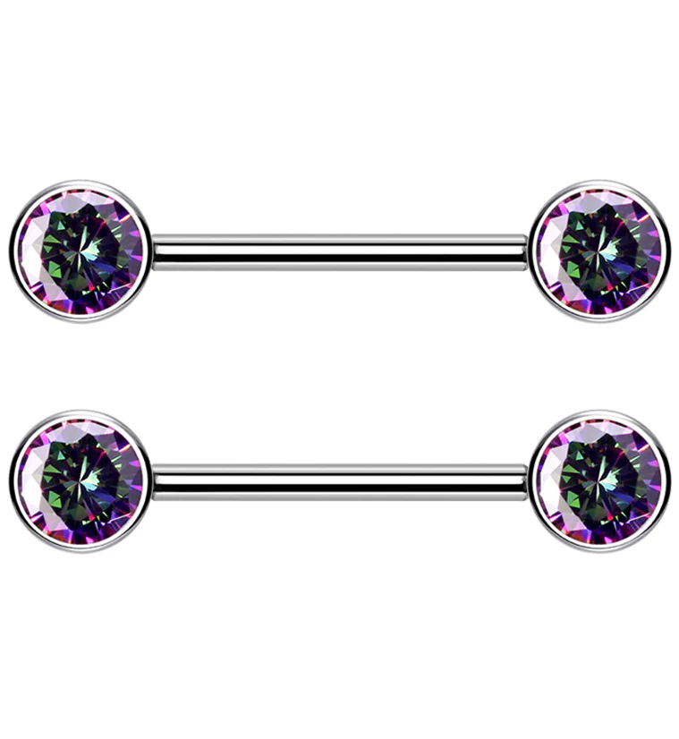 Dual Bezel Black Aurora CZ Titanium Threadless Nipple Ring Barbell - Mrs Treak