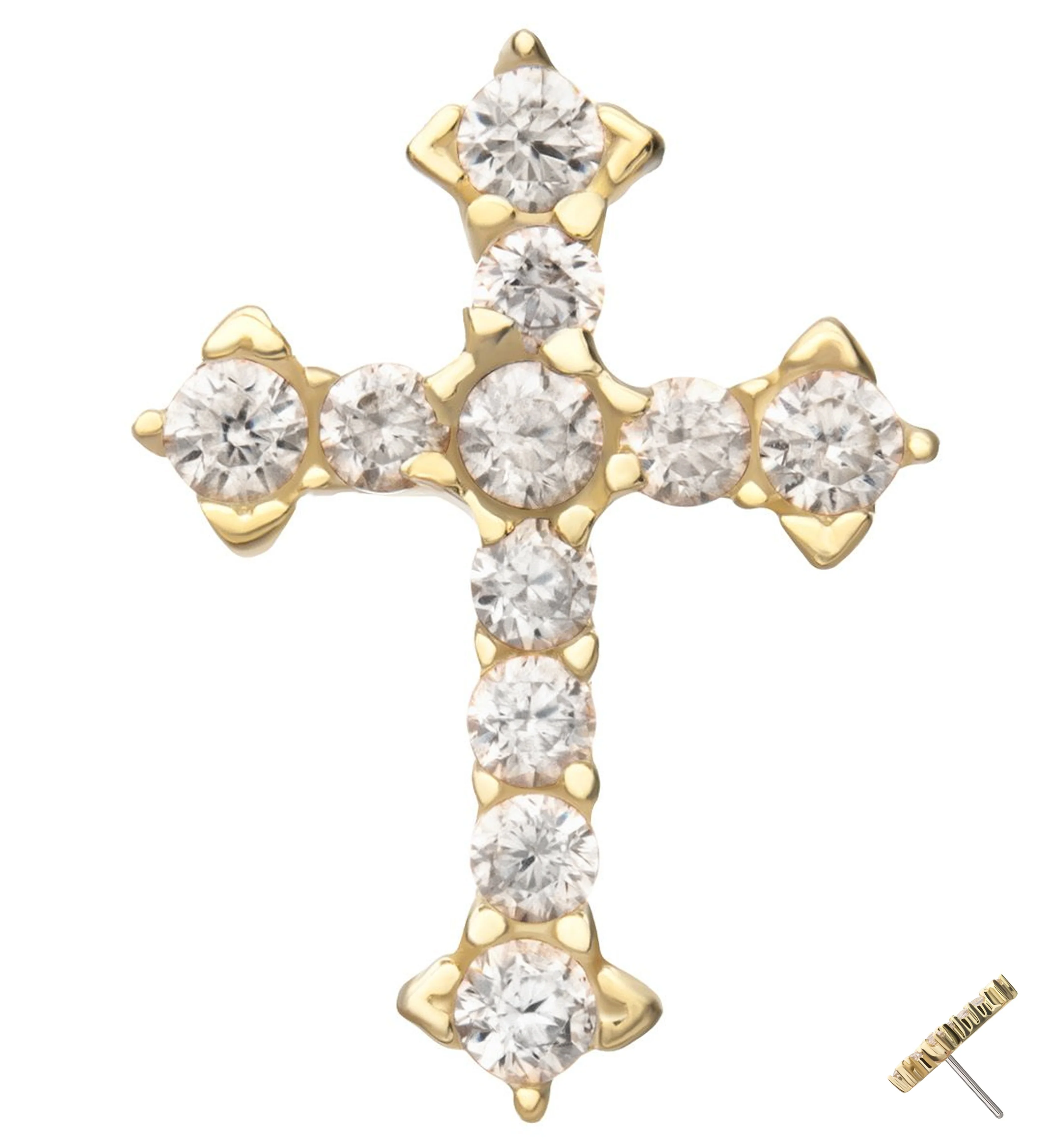 14kt Gold Baroque Cross Clear CZ Threadless Top - Mrs Treak