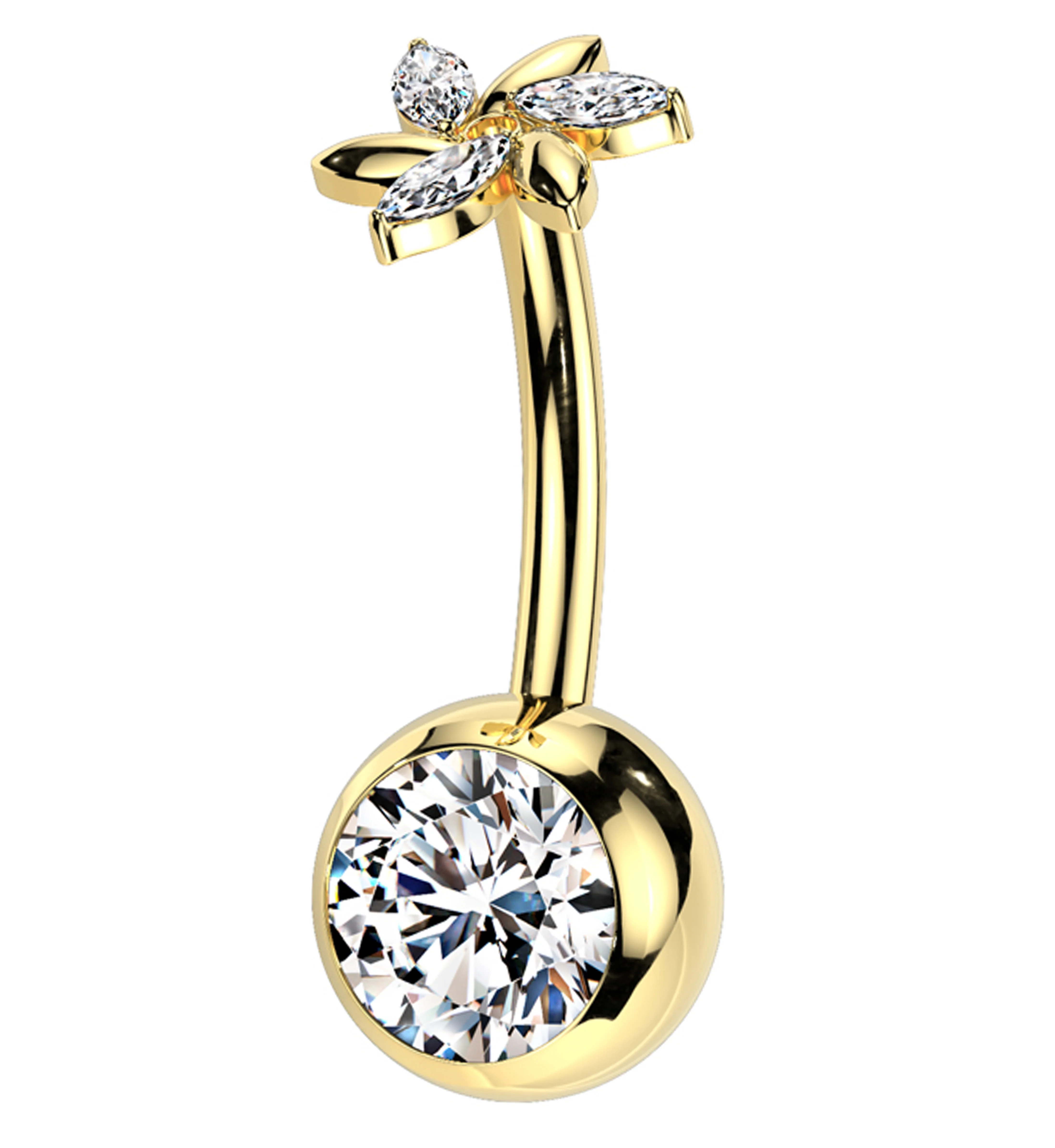 Gold PVD Pinwheel Flower Clear CZ Titanium Threadless Belly Button Ring - Mrs Treak