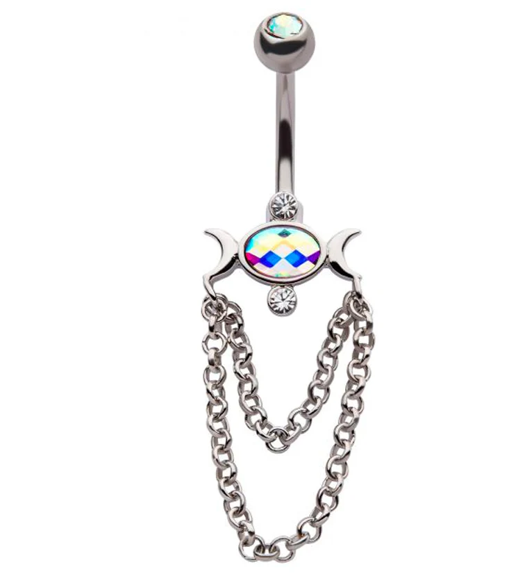 Half-Moon Aura CZ Dangle Chain Belly Button Ring - Mrs Treak