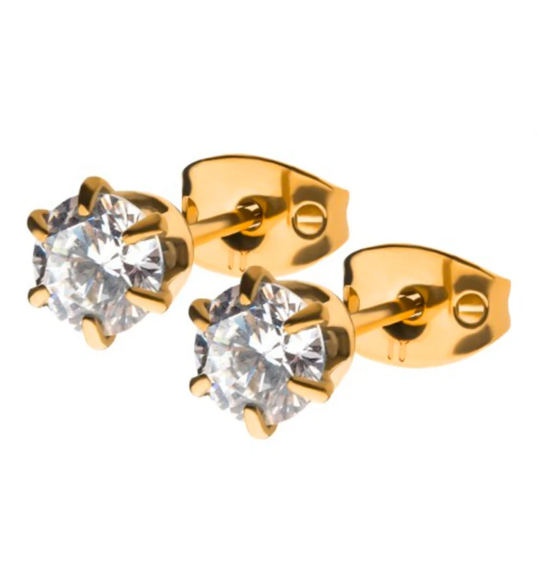 24kt Gold PVD CZ Prong Titanium Earrings - Mrs Treak