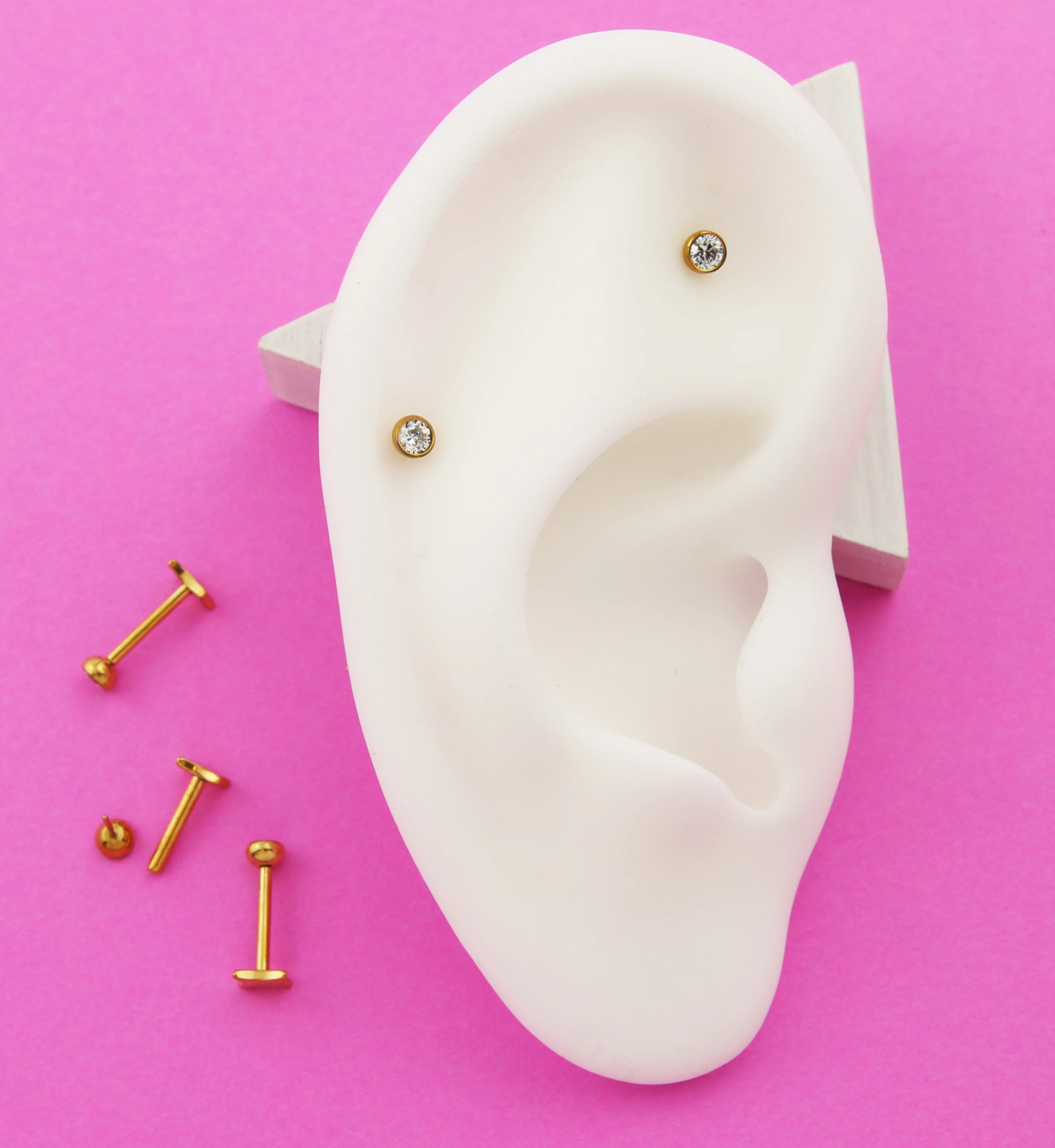 Gold PVD Bezel Clear CZ Rhombus Back Titanium Threadless Labret - Mrs Treak