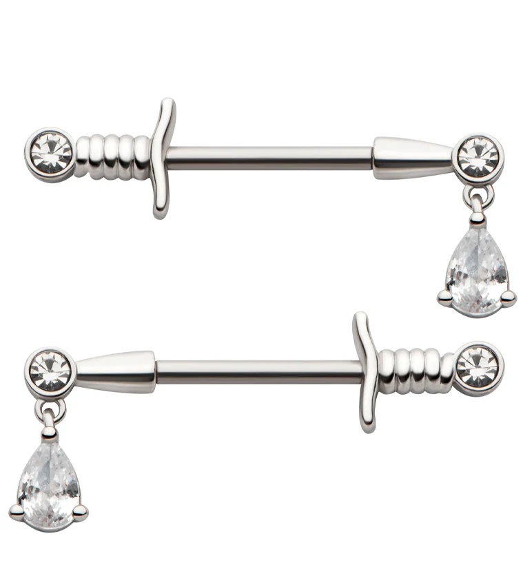 Teardrop Clear CZ Dagger Stainless Steel Nipple Barbell - Mrs Treak
