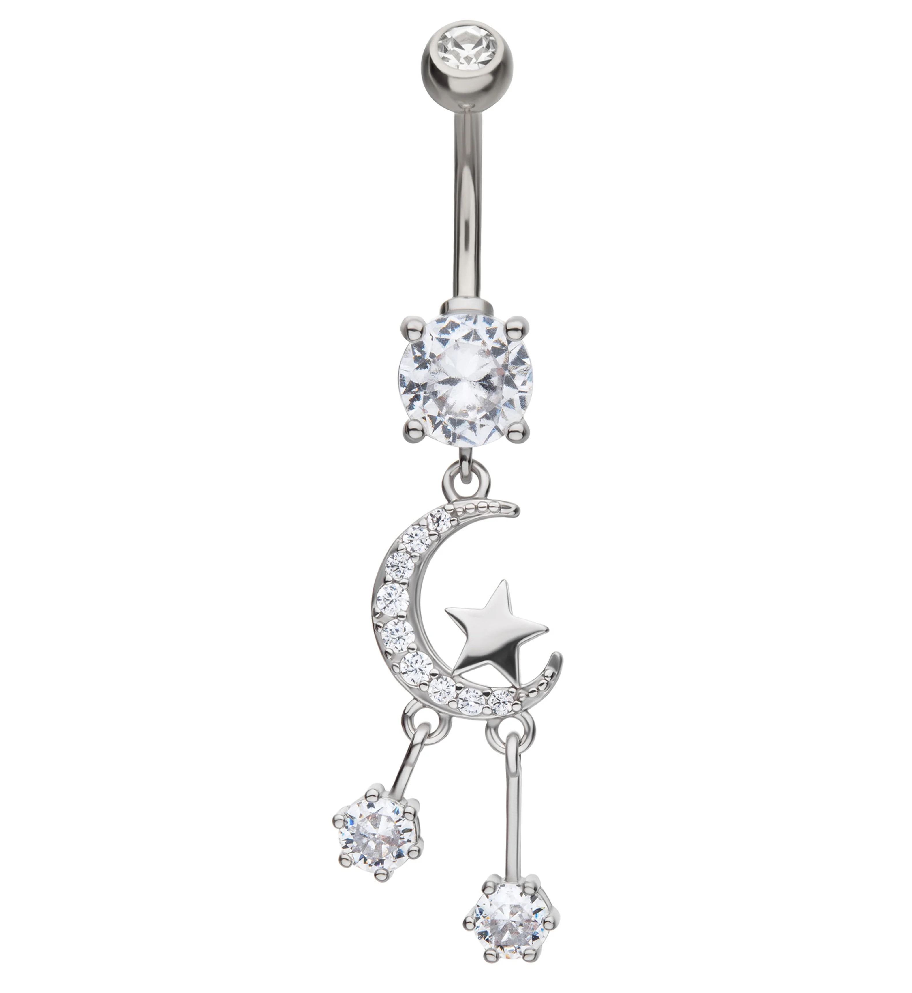 Wishing On A Crescent Moon And Star Clear CZ Dangle Stainless Steel Belly Button Ring - Mrs Treak