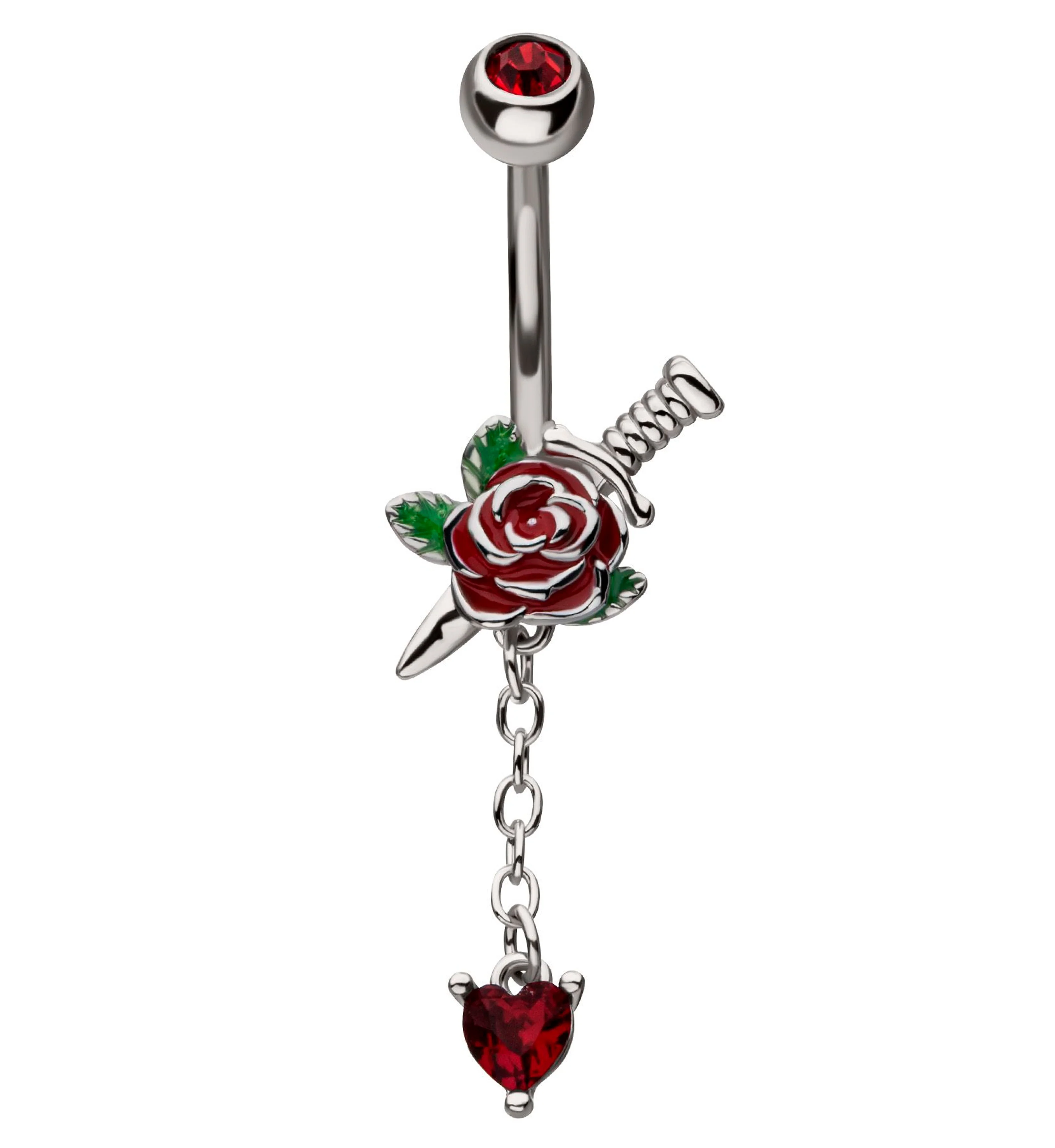 Rose And Dagger Heart CZ Dangle Stainless Steel Belly Button Ring - Mrs Treak