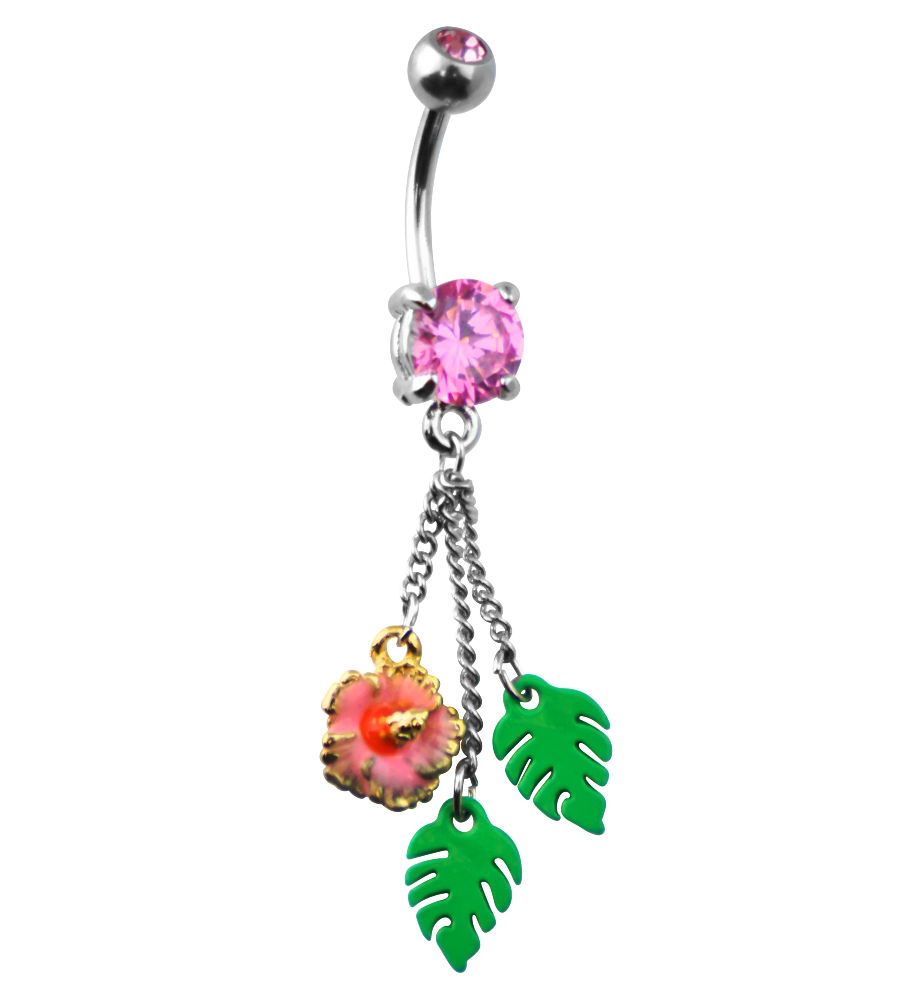 Hibiscus Flower Pink CZ Dangle Stainless Steel Belly Button Ring - Mrs Treak