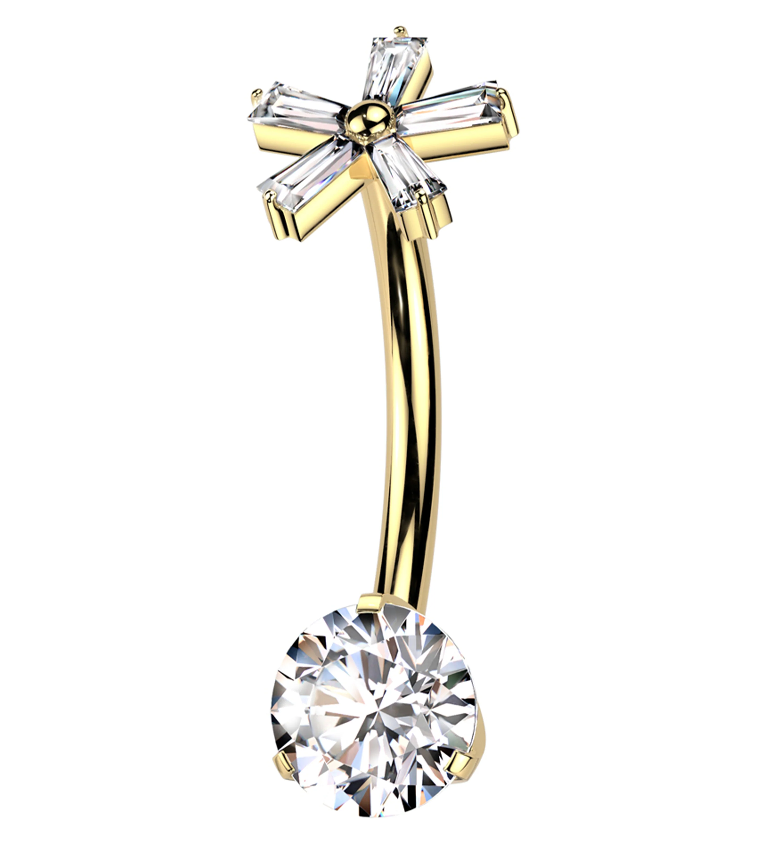 Gold PVD Baguette Flower Clear CZ Titanium Internally Threaded Belly Button Ring - Mrs Treak