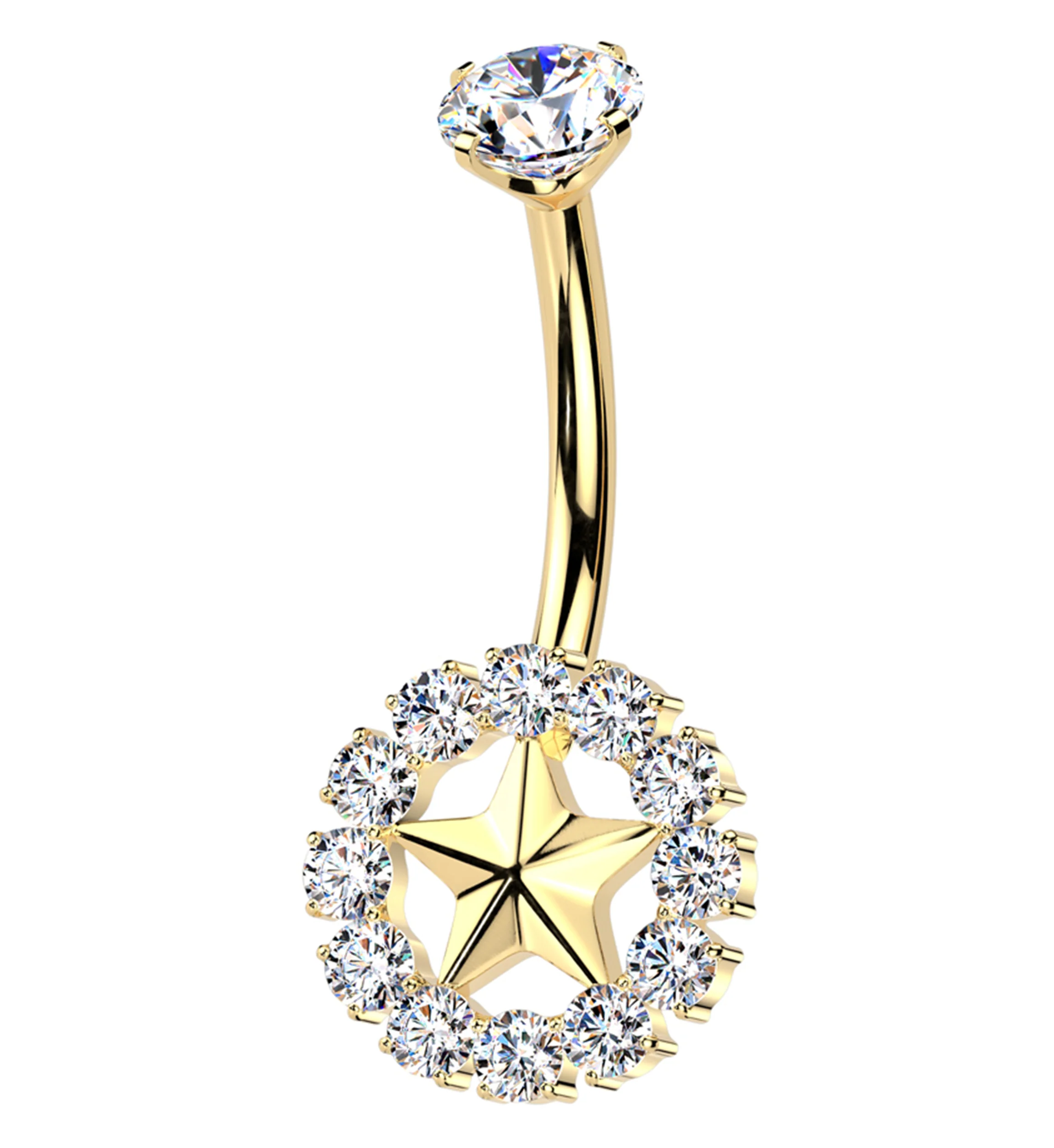 Gold PVD Star Wreath Clear CZ Titanium Internally Threaded Belly Button Ring - Mrs Treak