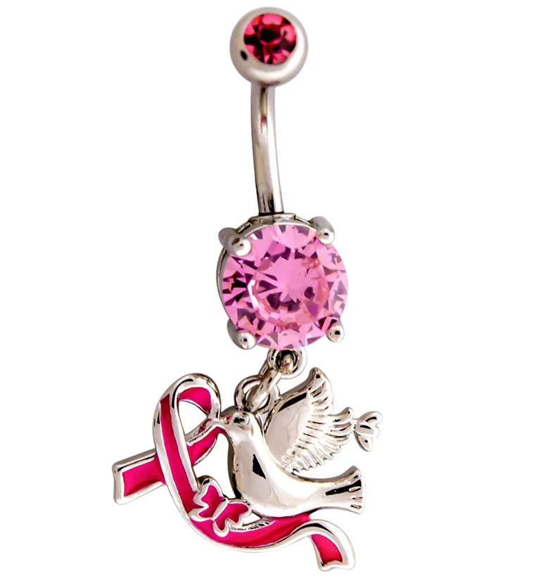 Breast Cancer Awareness Dove and Ribbon Pink CZ Belly Ring - Mrs Treak