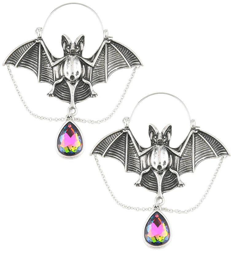 Bat Dangle Chains Black Aurora Teardrop CZ Stainless Steel Plug Hoops - Mrs Treak