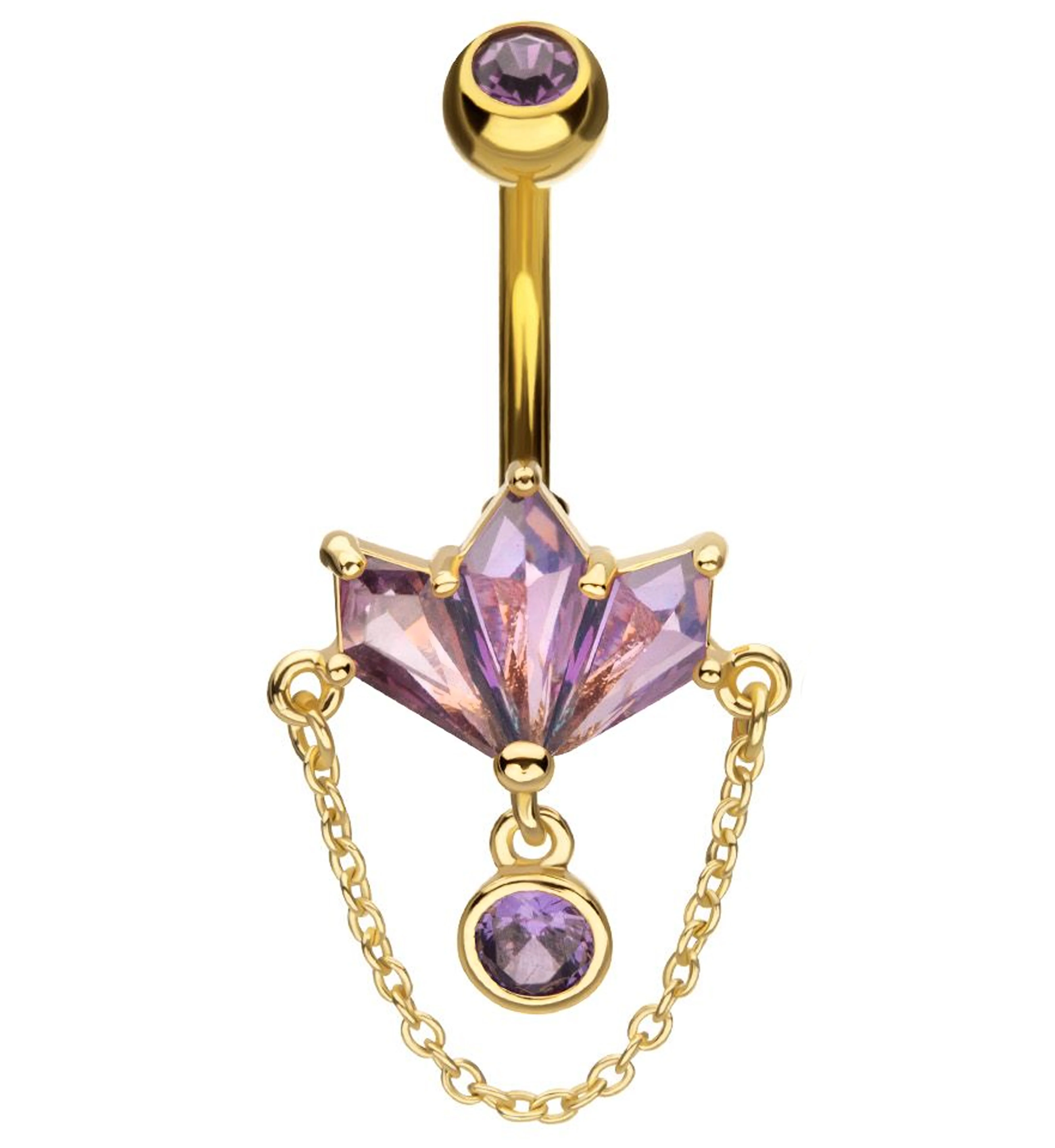 Gold PVD Triple Poly Amethyst CZ Dangle Chain Stainless Steel Belly Button Ring - Mrs Treak