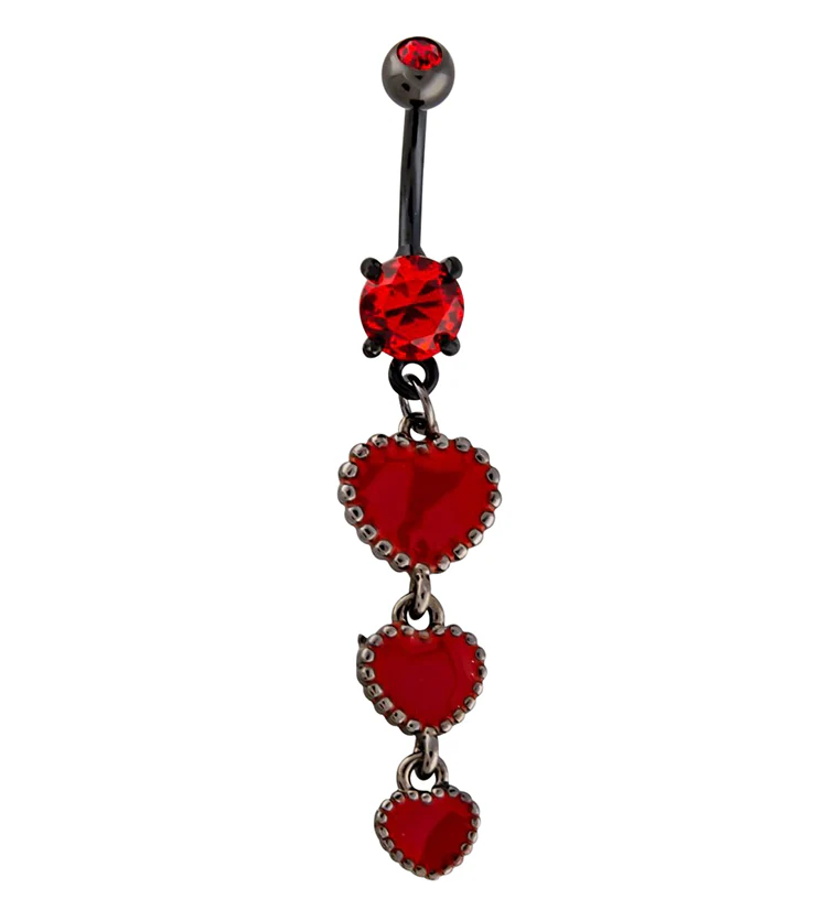 Black PVD Red Hearts Dangle Belly Button Ring - Mrs Treak