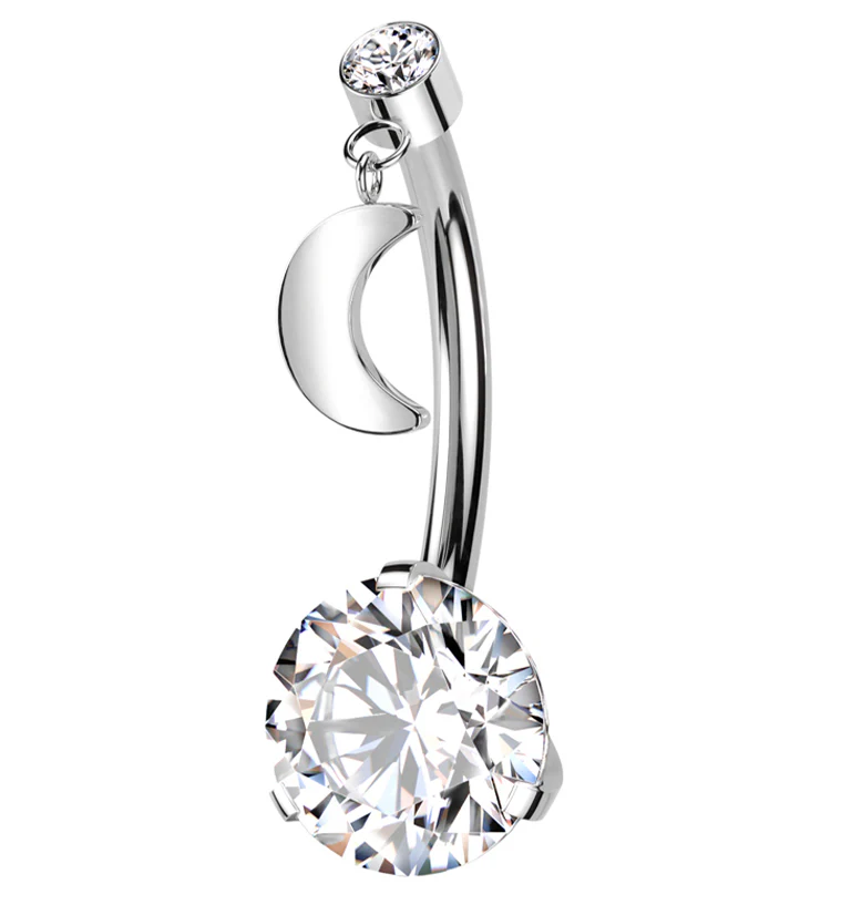Clear CZ Dangle Half Moon Titanium Threadless Belly Button Ring - Mrs Treak