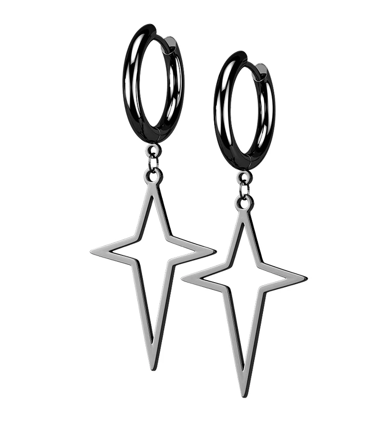 Black PVD Four Point Star Stainless Steel Hinged Earrings - Mrs Treak