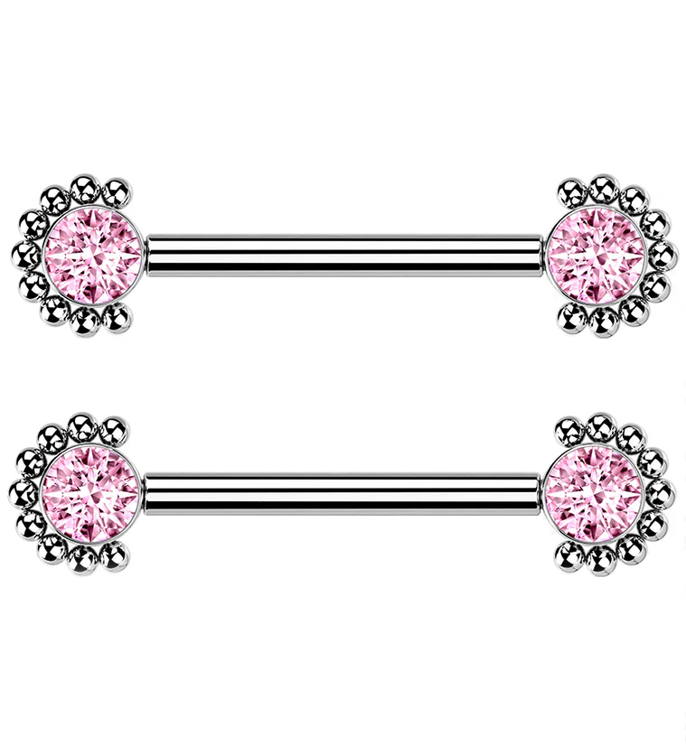 14G Encirc Double Pink CZ Titanium Nipple Ring Barbell - Mrs Treak