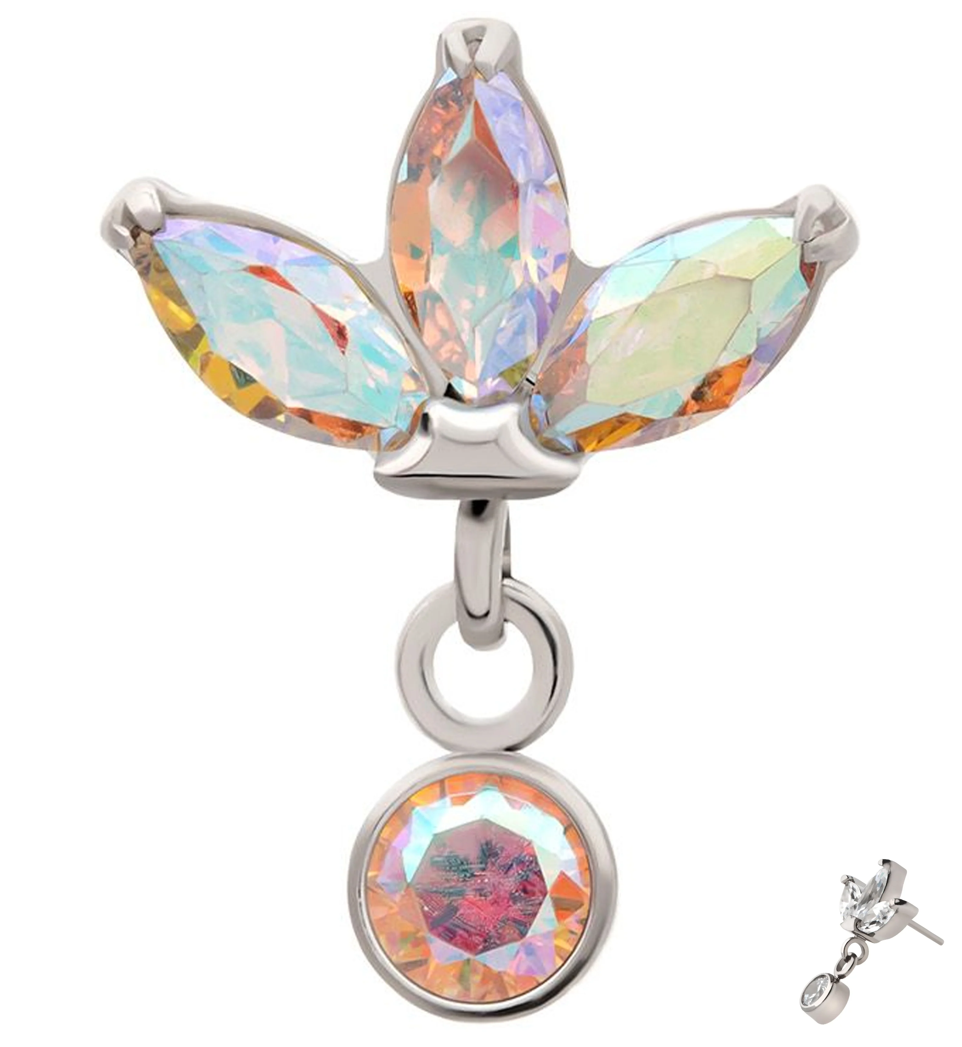 Triple Sepal Marquise Rainbow Aurora CZ Bezel Dangle Titanium Threadless Top - Mrs Treak