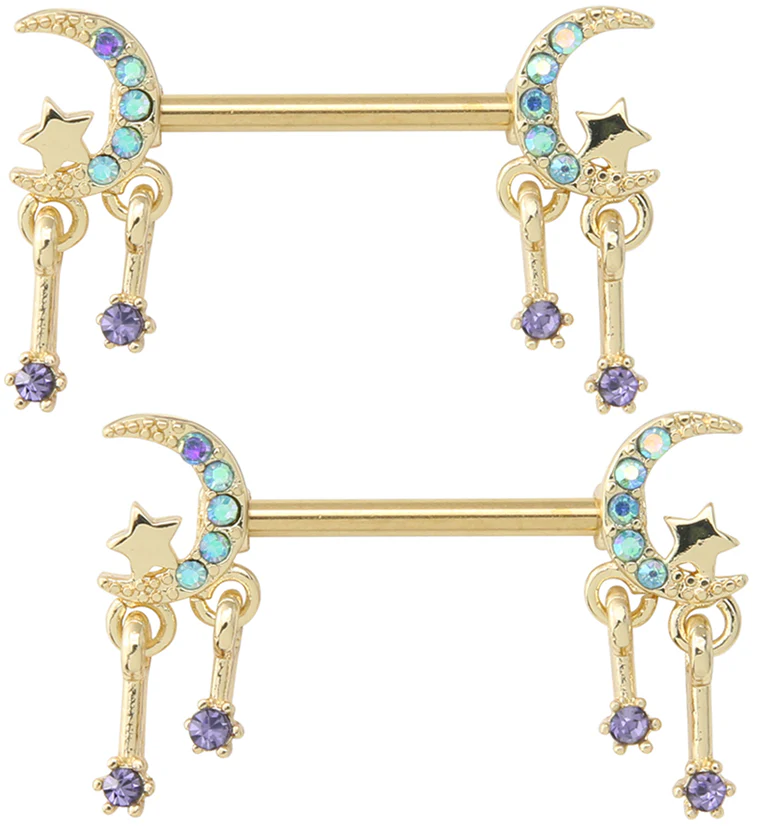 Gold PVD Half Moon Dangle Star Blue Aurora CZ Stainless Steel Nipple Barbell - Mrs Treak