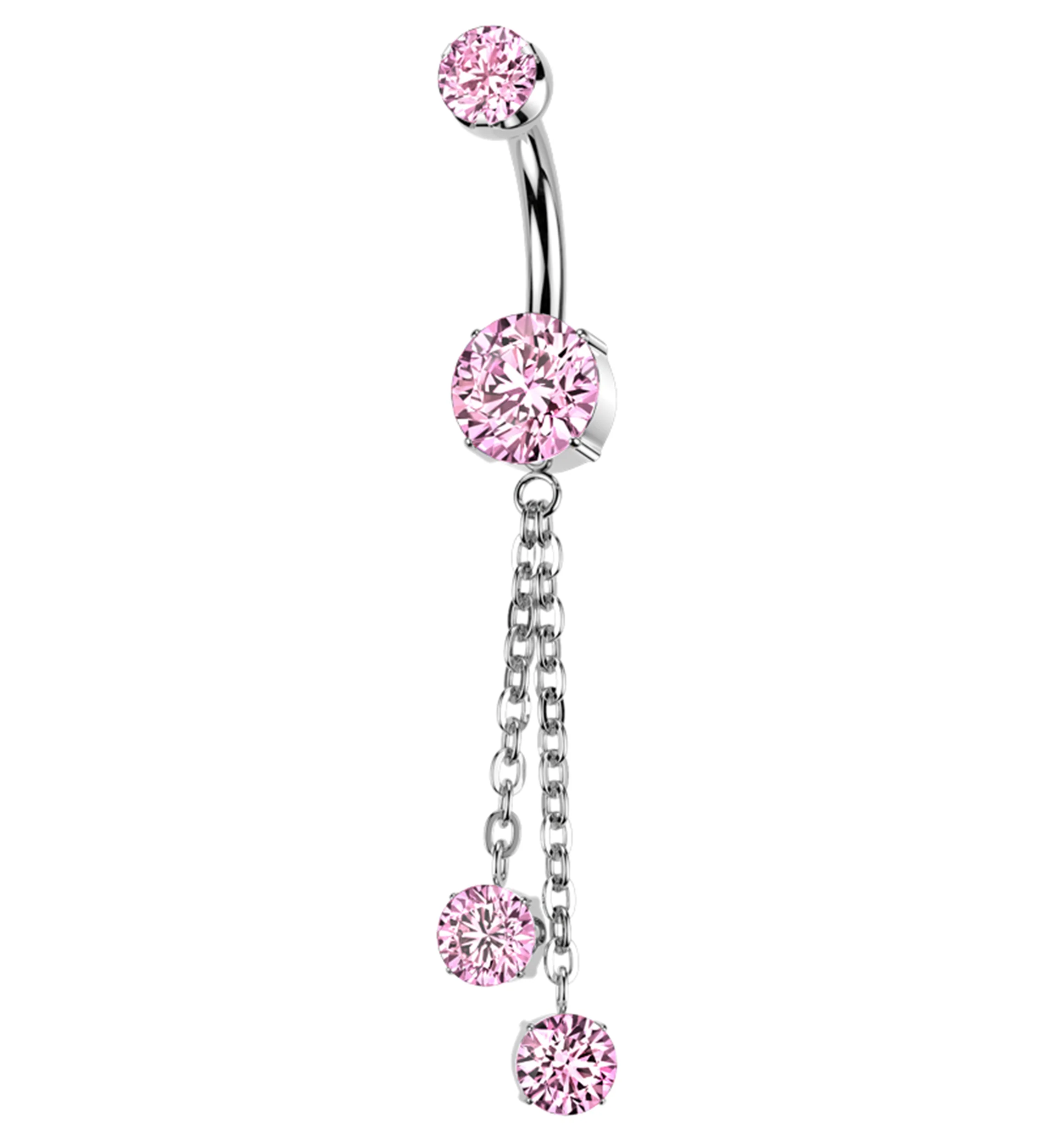 Prong Pink CZ Double Dangle Chain Titanium Internally Threaded Belly Button Ring - Mrs Treak