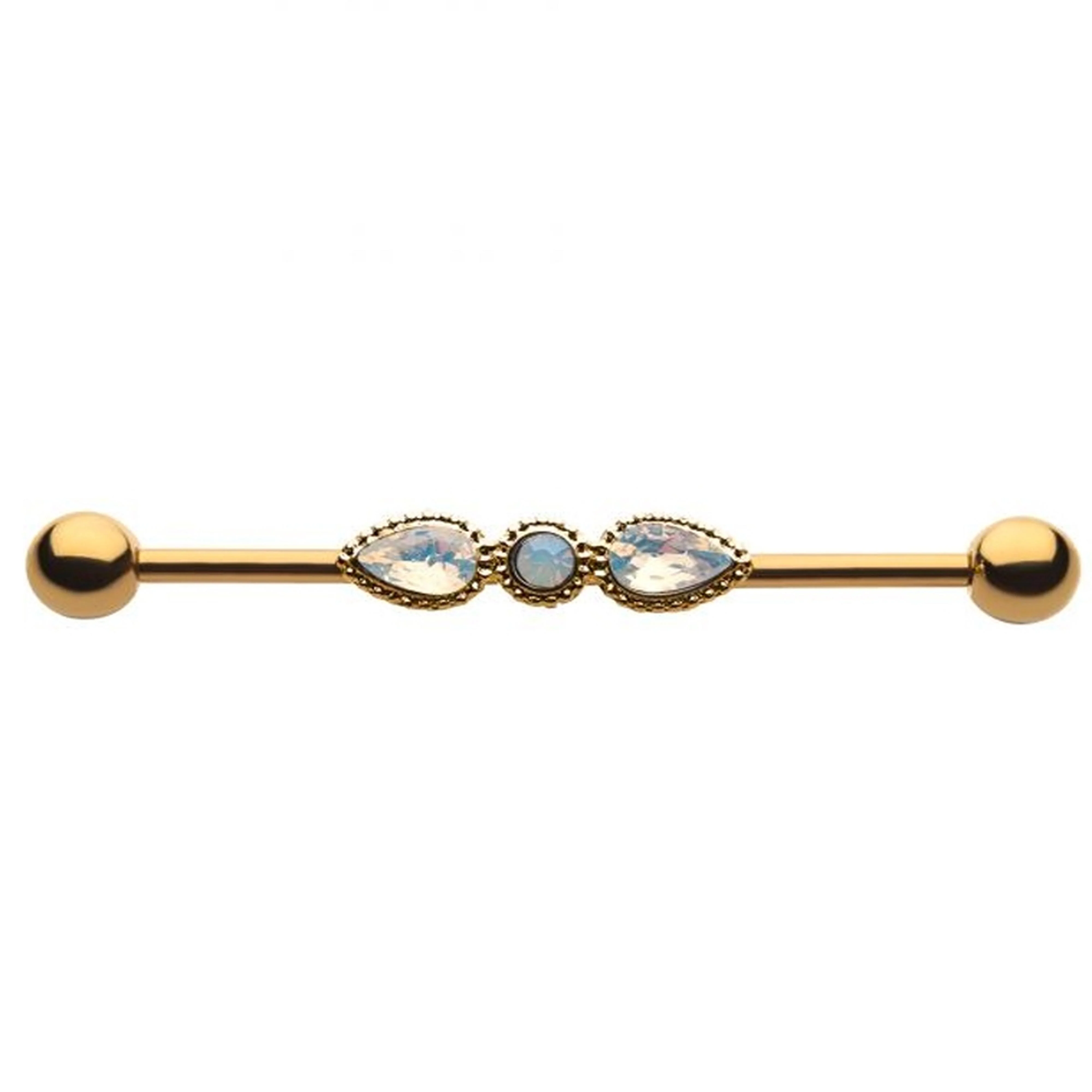 Gold PVD Double Teardrop Gem Industrial Barbell - Mrs Treak