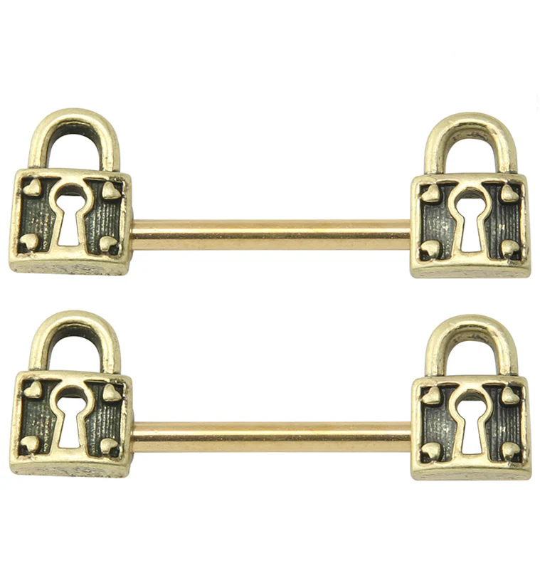 Gold PVD Antique Lock Stainless Steel Nipple Barbell - Mrs Treak