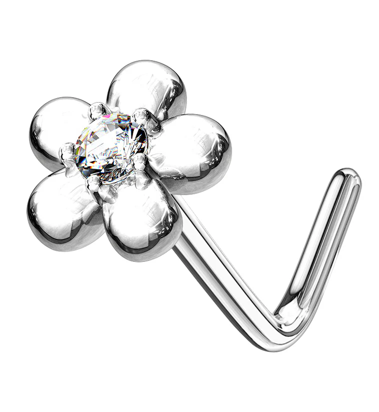14kt White Gold Daisy Clear CZ L Bend Nose Ring - Mrs Treak