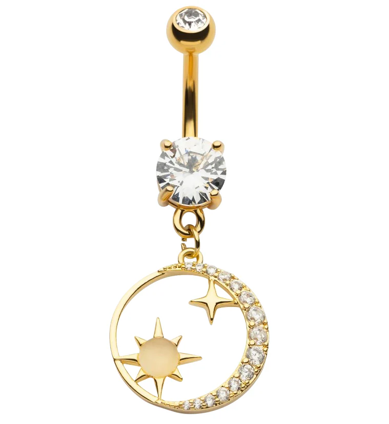 Gold PVD Day And Night Clear CZ White Opalite Dangle Belly Button Ring - Mrs Treak