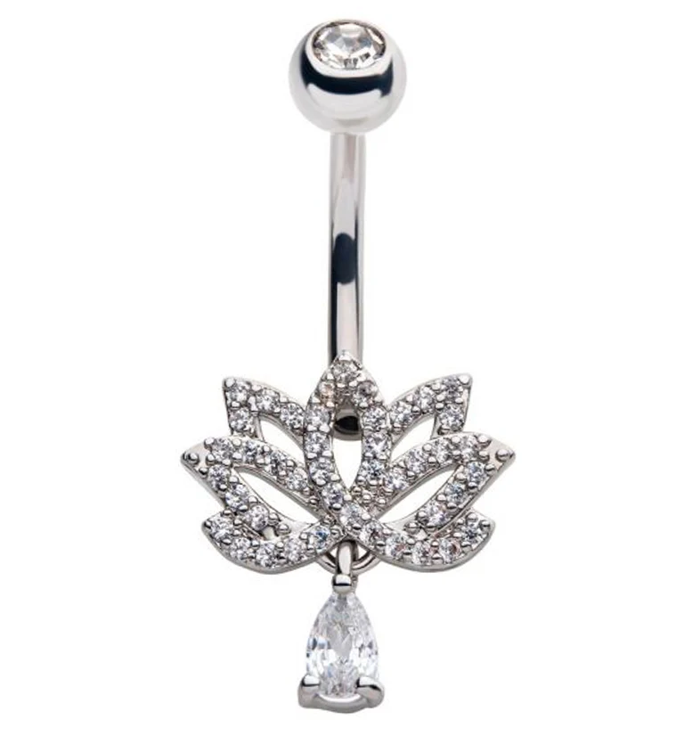 Shimmering Lotus Flower Dangle CZ Belly Ring - Mrs Treak