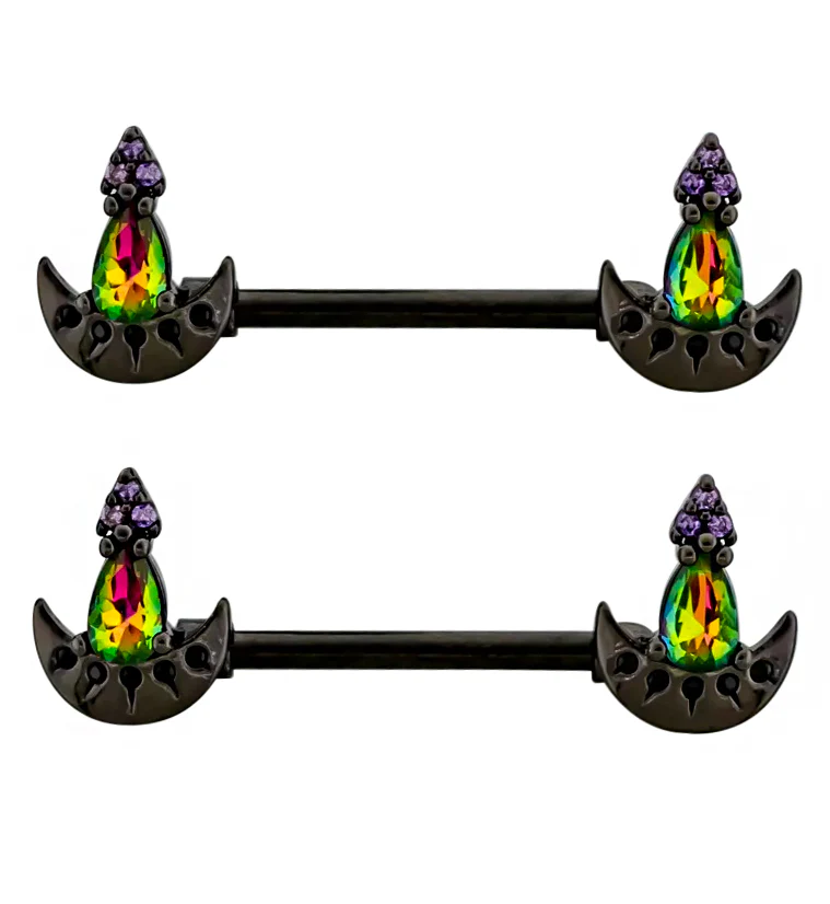 Black PVD Crescent Moon Black Aurora CZ Stainless Steel Nipple Barbell - Mrs Treak